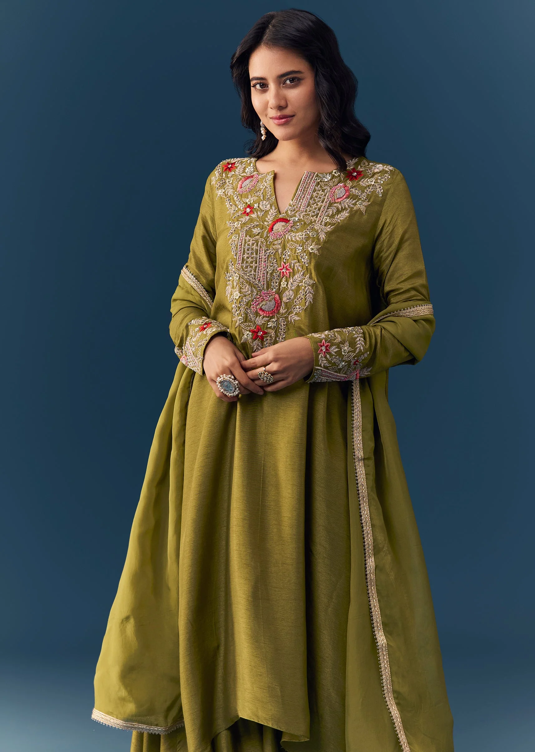 Green Silk Zardozi Work Kurta Palazzo Set - Image 4