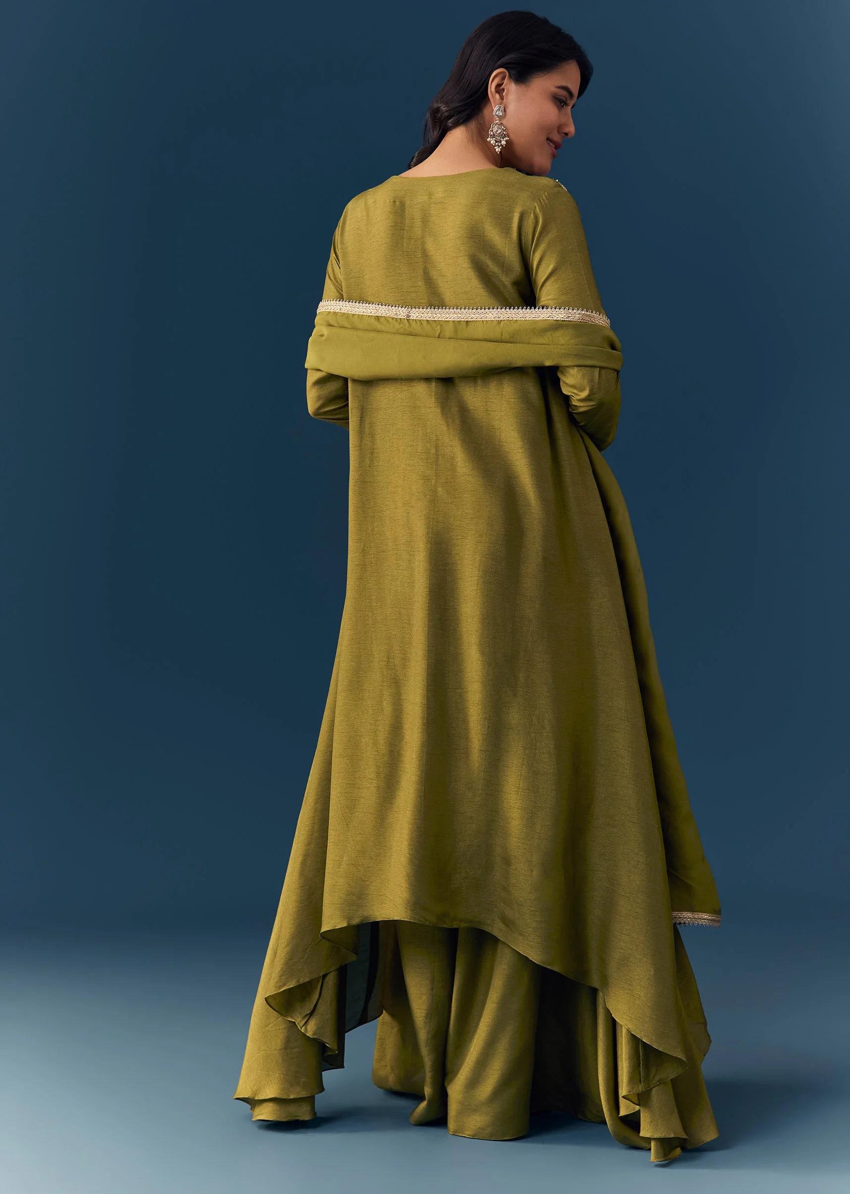 Green Silk Zardozi Work Kurta Palazzo Set - Image 5