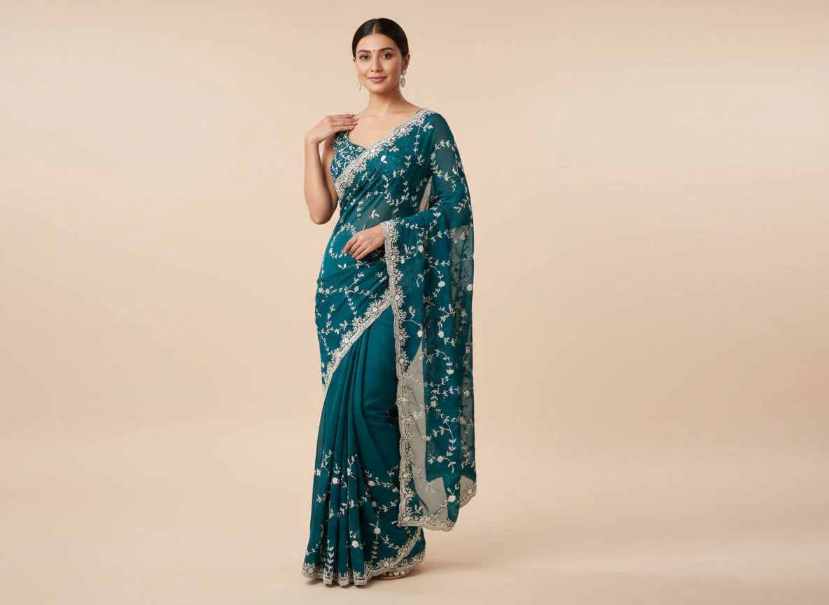 Green Sophisticated Embroidered Saree