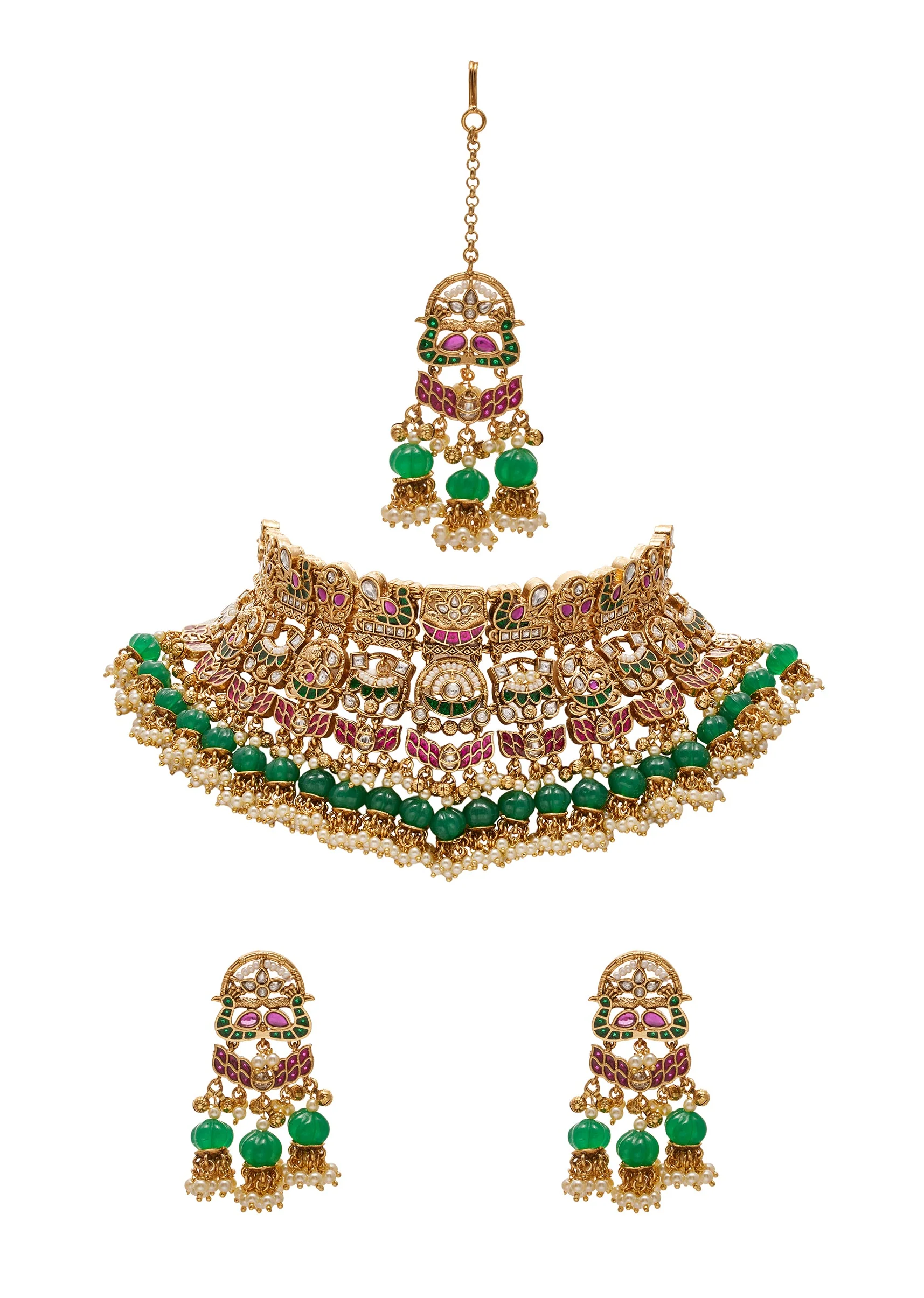 Green Stone And Pearl Bridal Kundan Choker Set