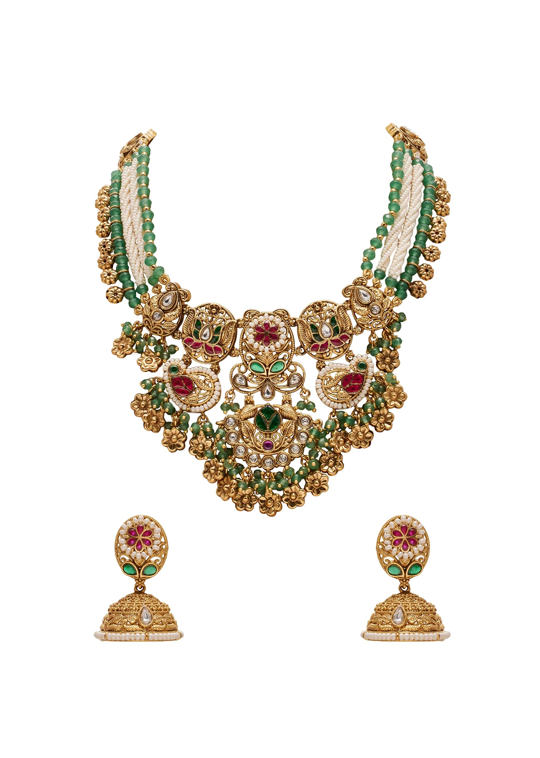 Green Stone And Pearl Bridal Kundan Necklace Set