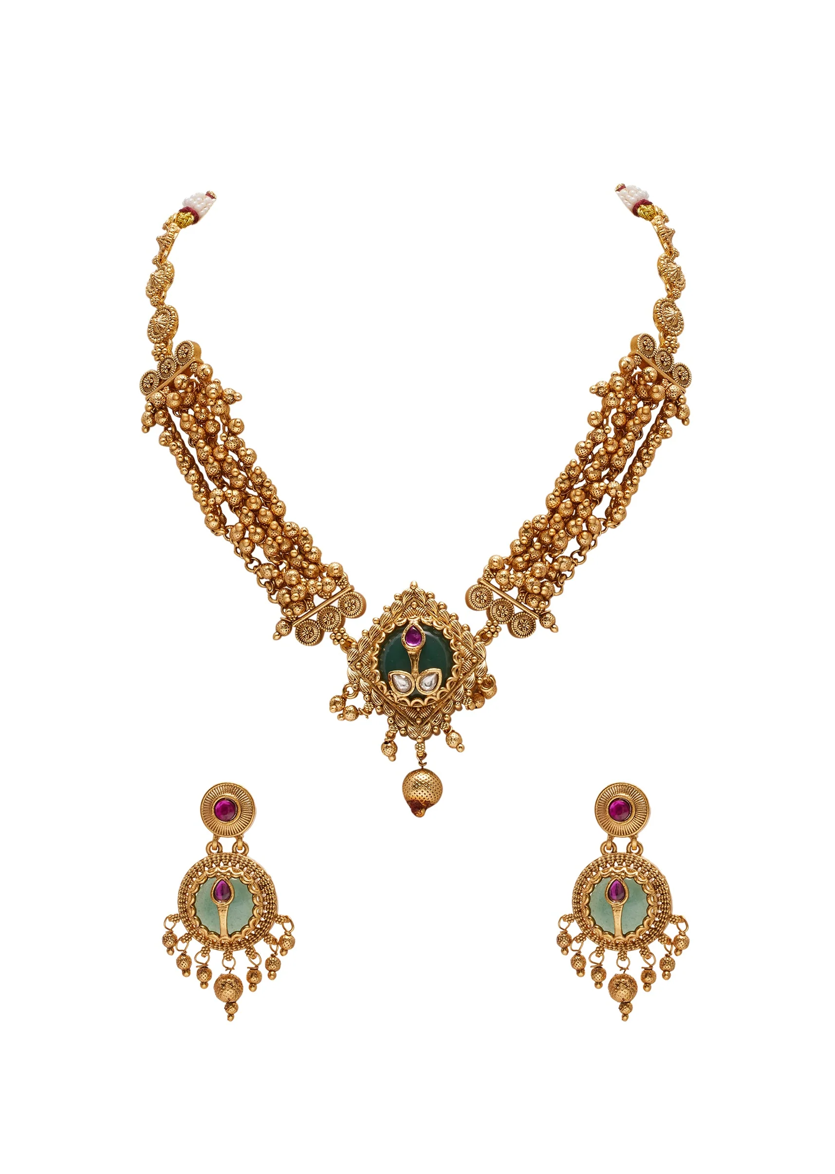 Green Stone And Pearl Traditional Necklace Set
