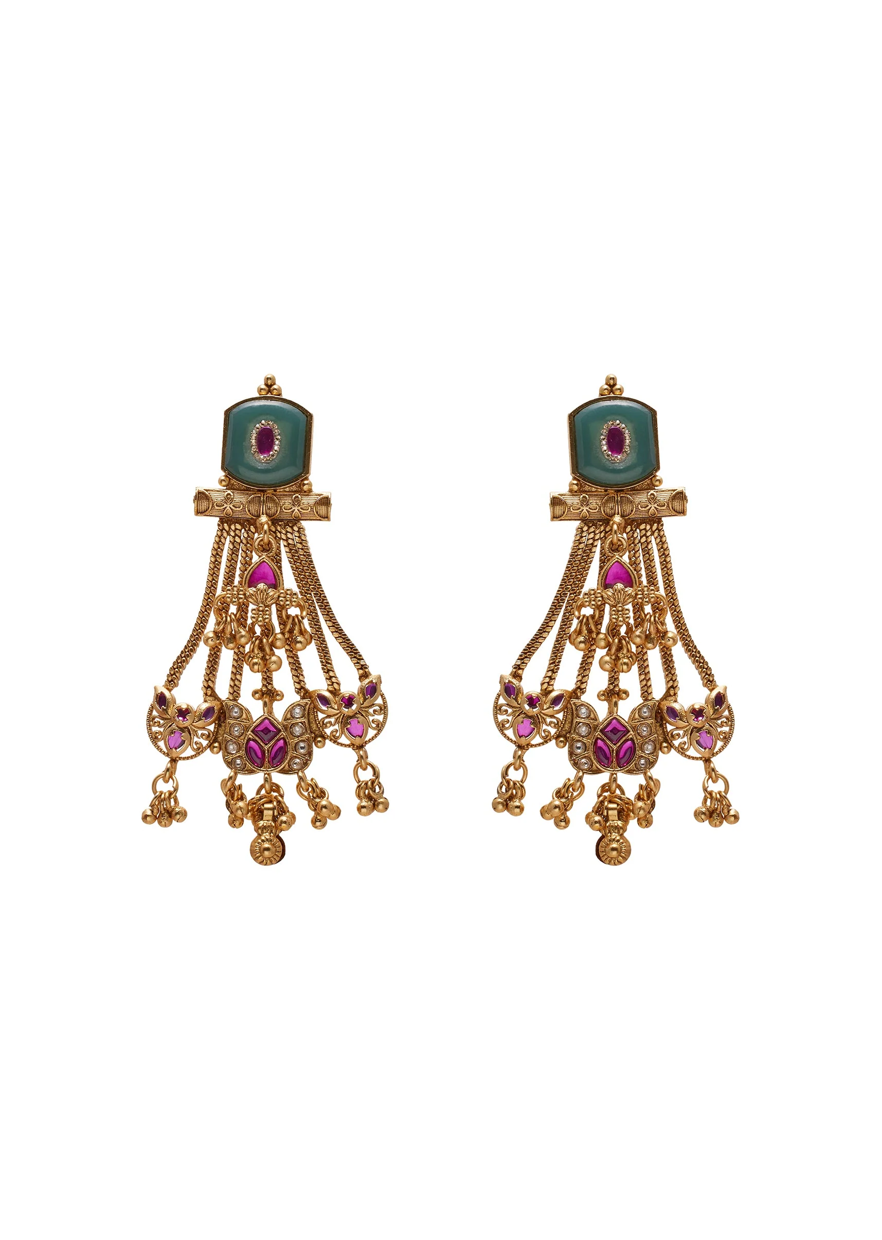 Green Stone Jhumka Tassel Earrings