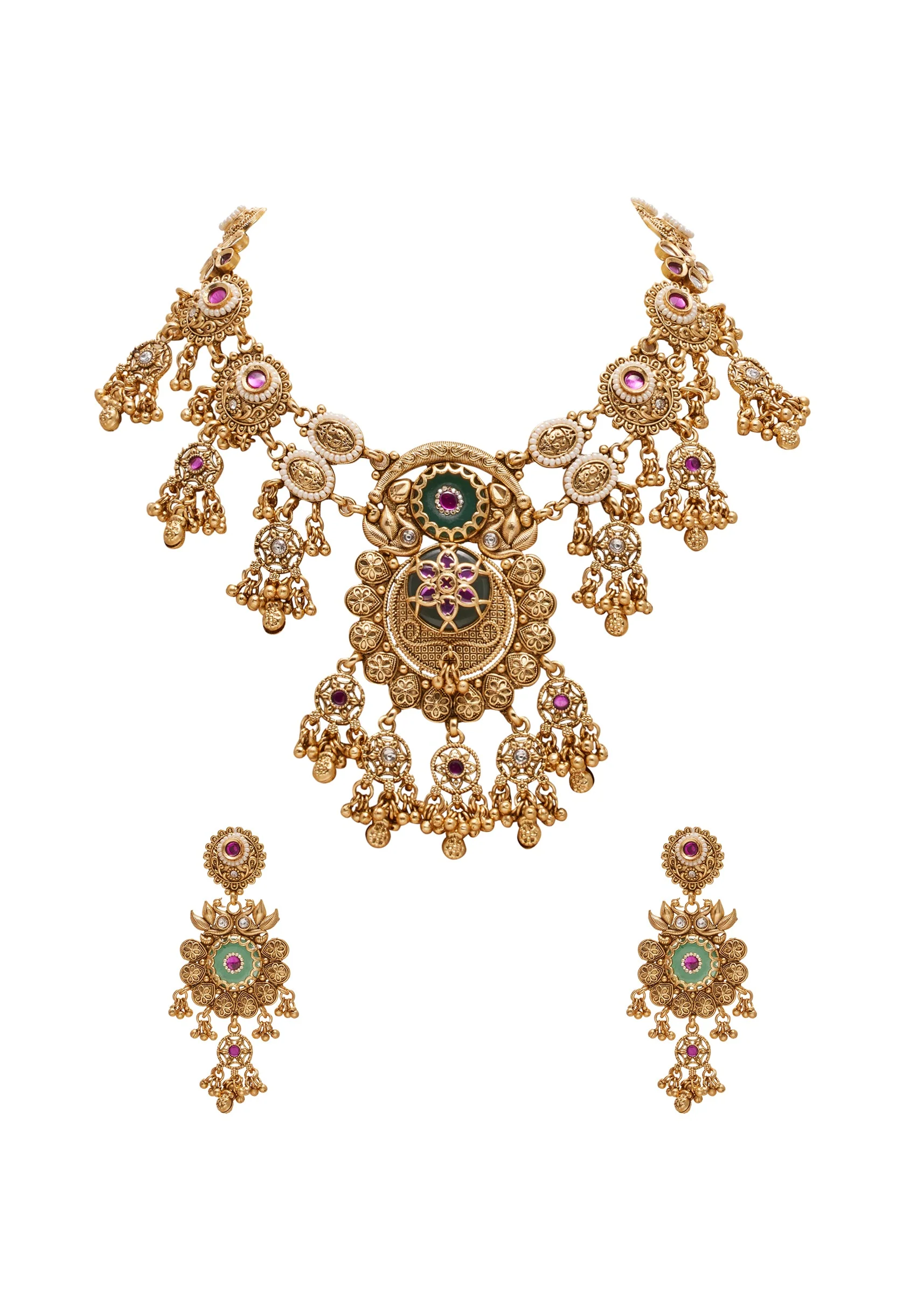 Green Stone Kundan Necklace Set With Statement Pendant