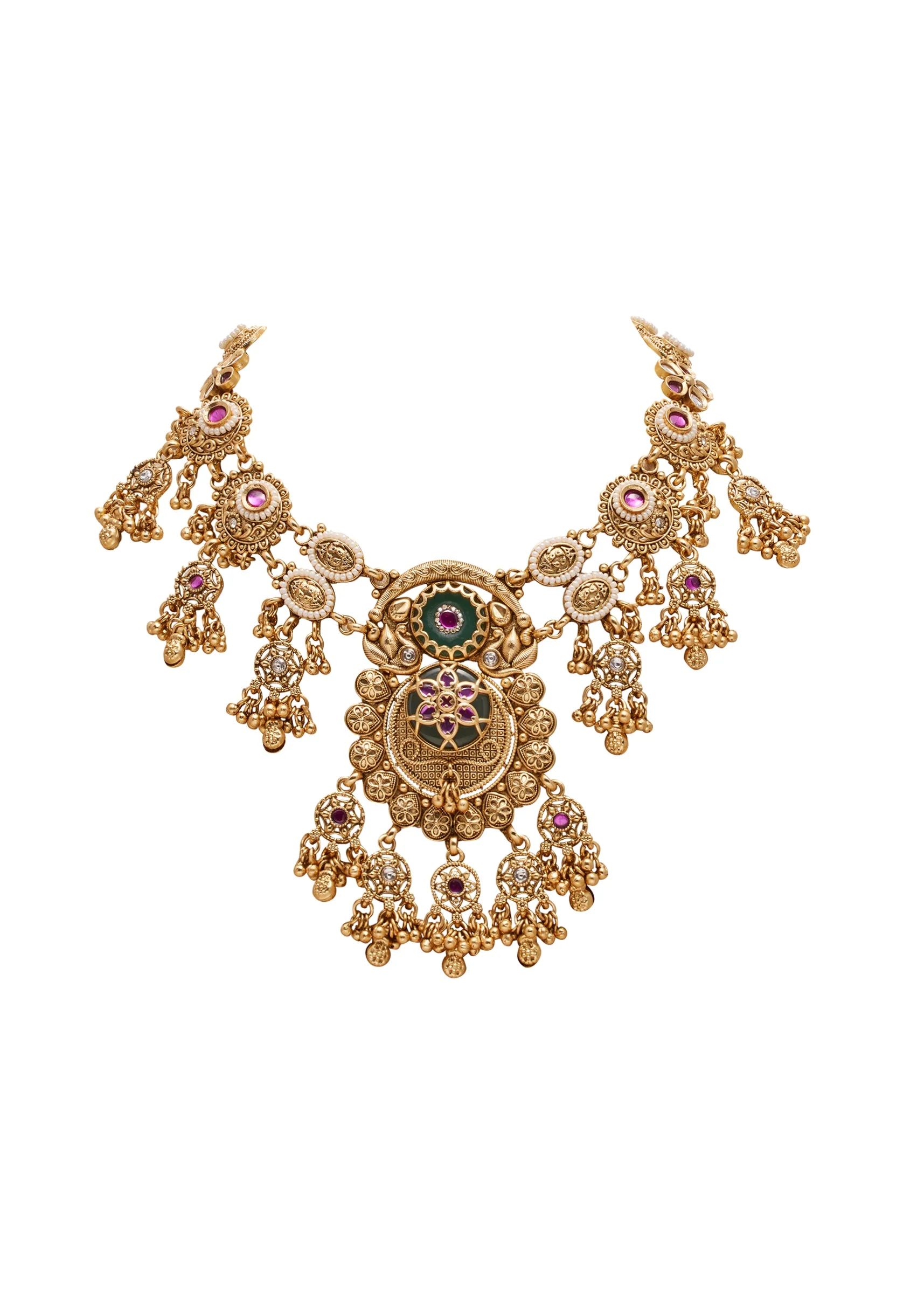 Green Stone Kundan Necklace Set With Statement Pendant - Image 2