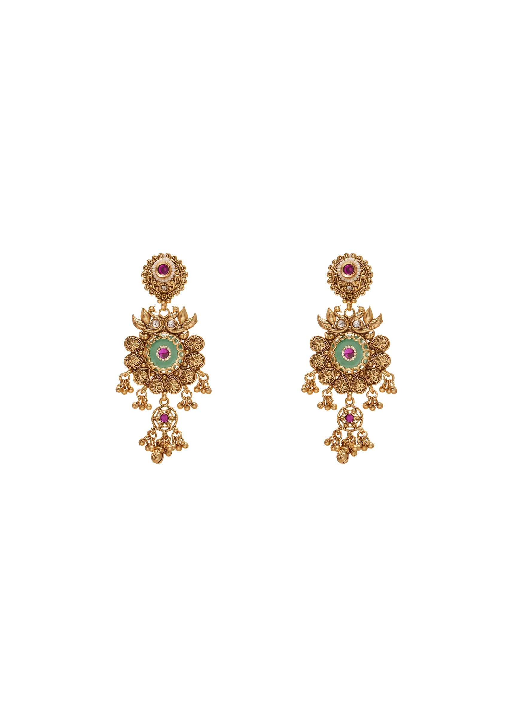 Green Stone Kundan Necklace Set With Statement Pendant - Image 3