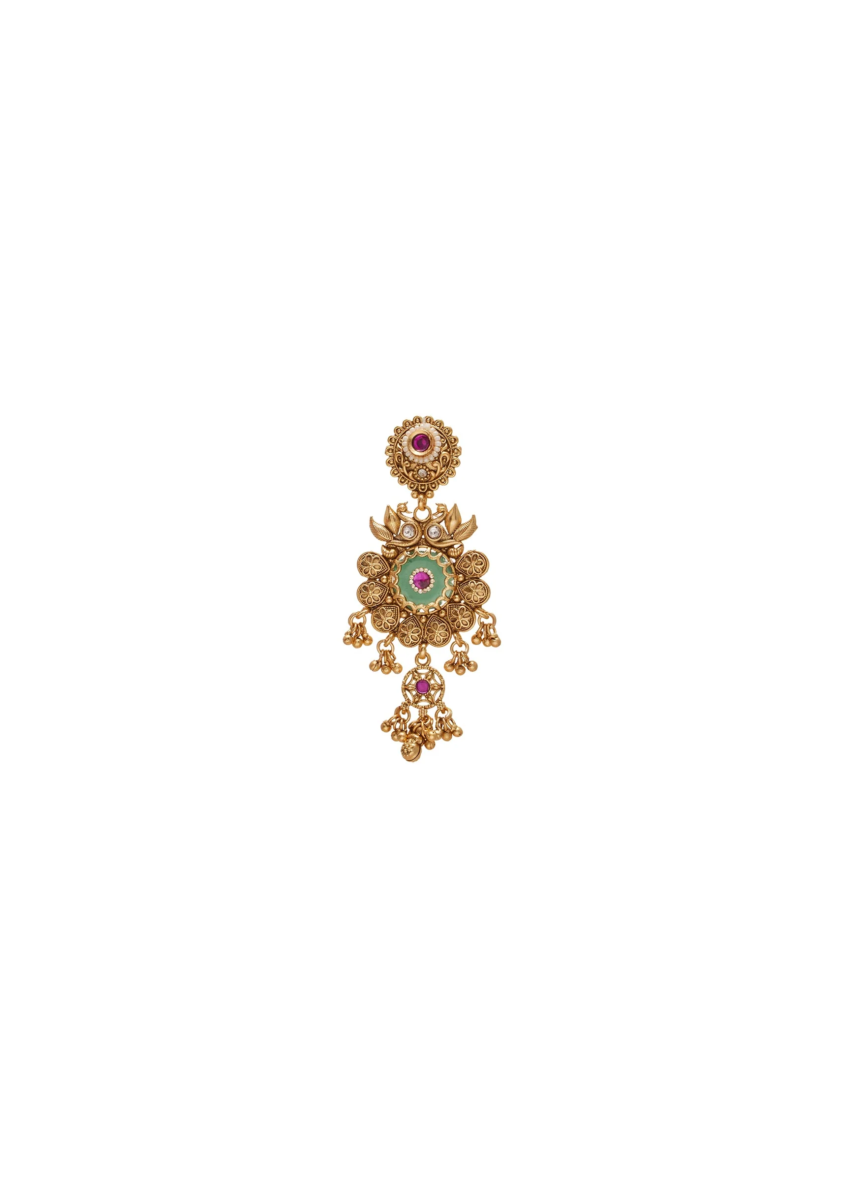 Green Stone Kundan Necklace Set With Statement Pendant - Image 4