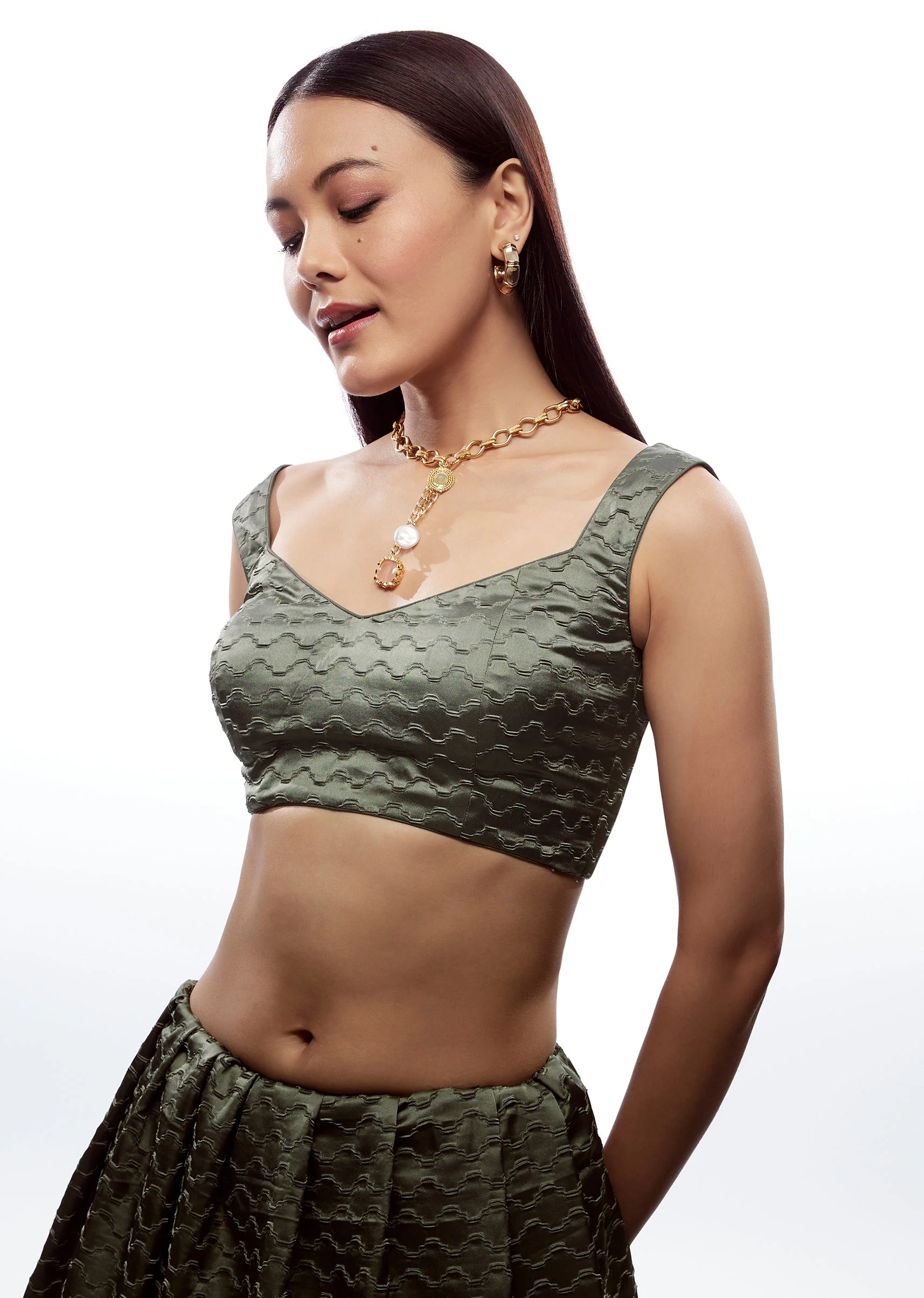 Green Sweetheart Neckline Blouse
