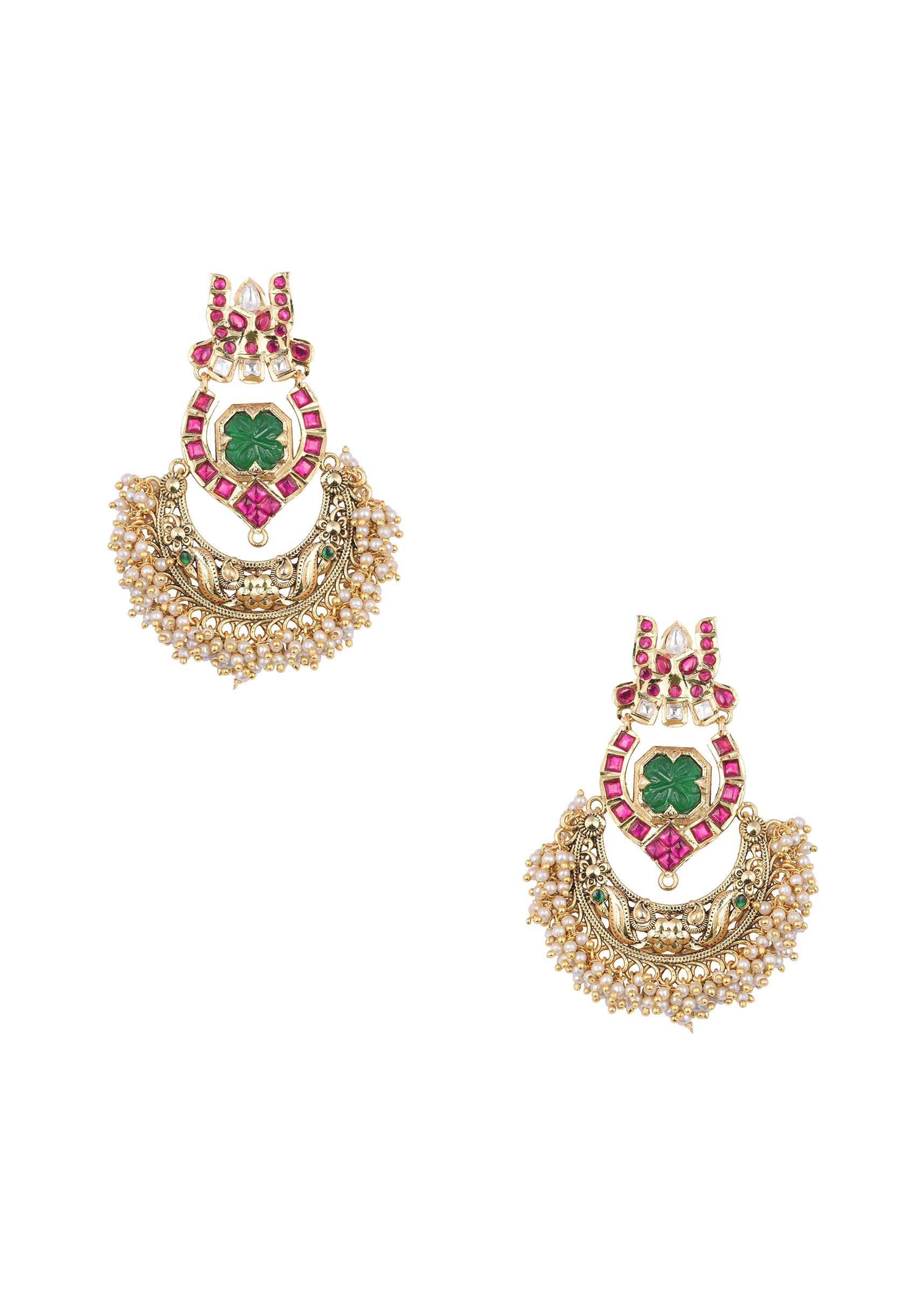 Green Temple Finish Earrings With Meenakari Work And Cluster Beads - Image 2