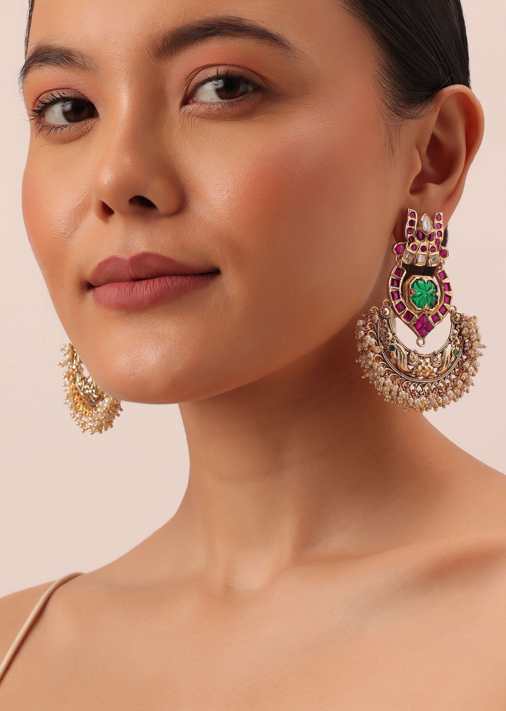 Green Temple Finish Earrings With Meenakari Work And Cluster Beads - Image 3