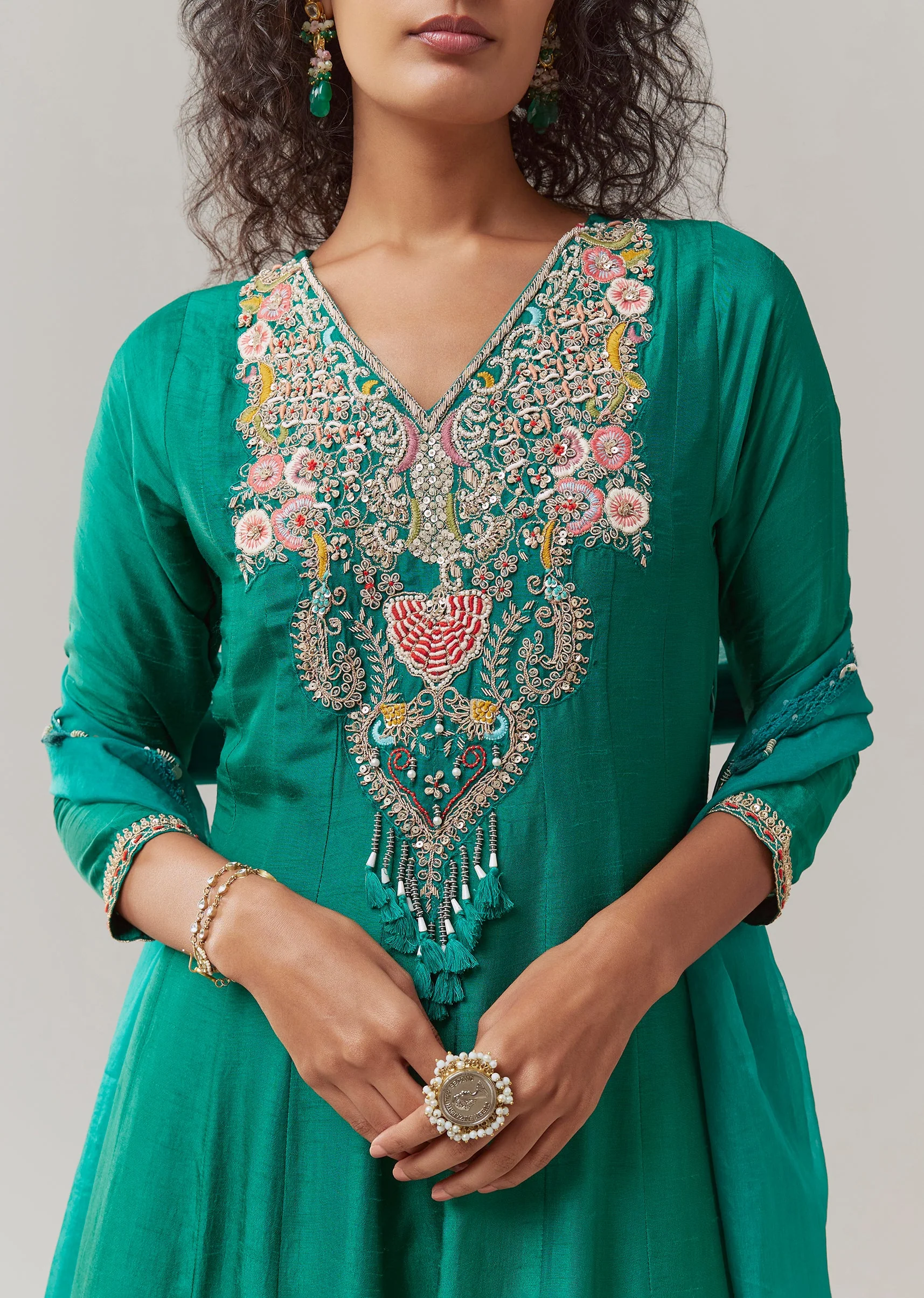 Green Thread Embroidered Anarkali Set - Image 3