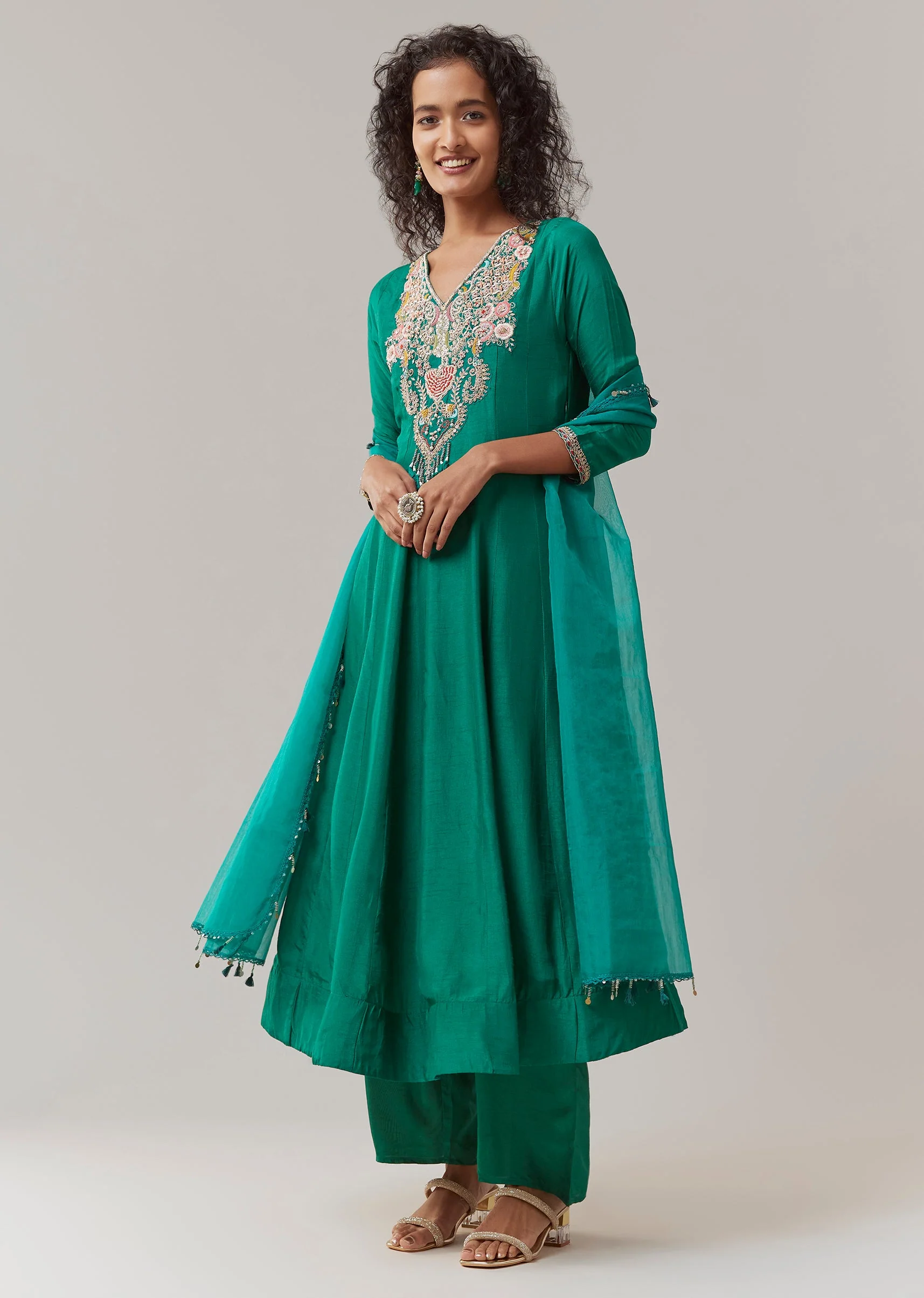 Green Thread Embroidered Anarkali Set - Image 4