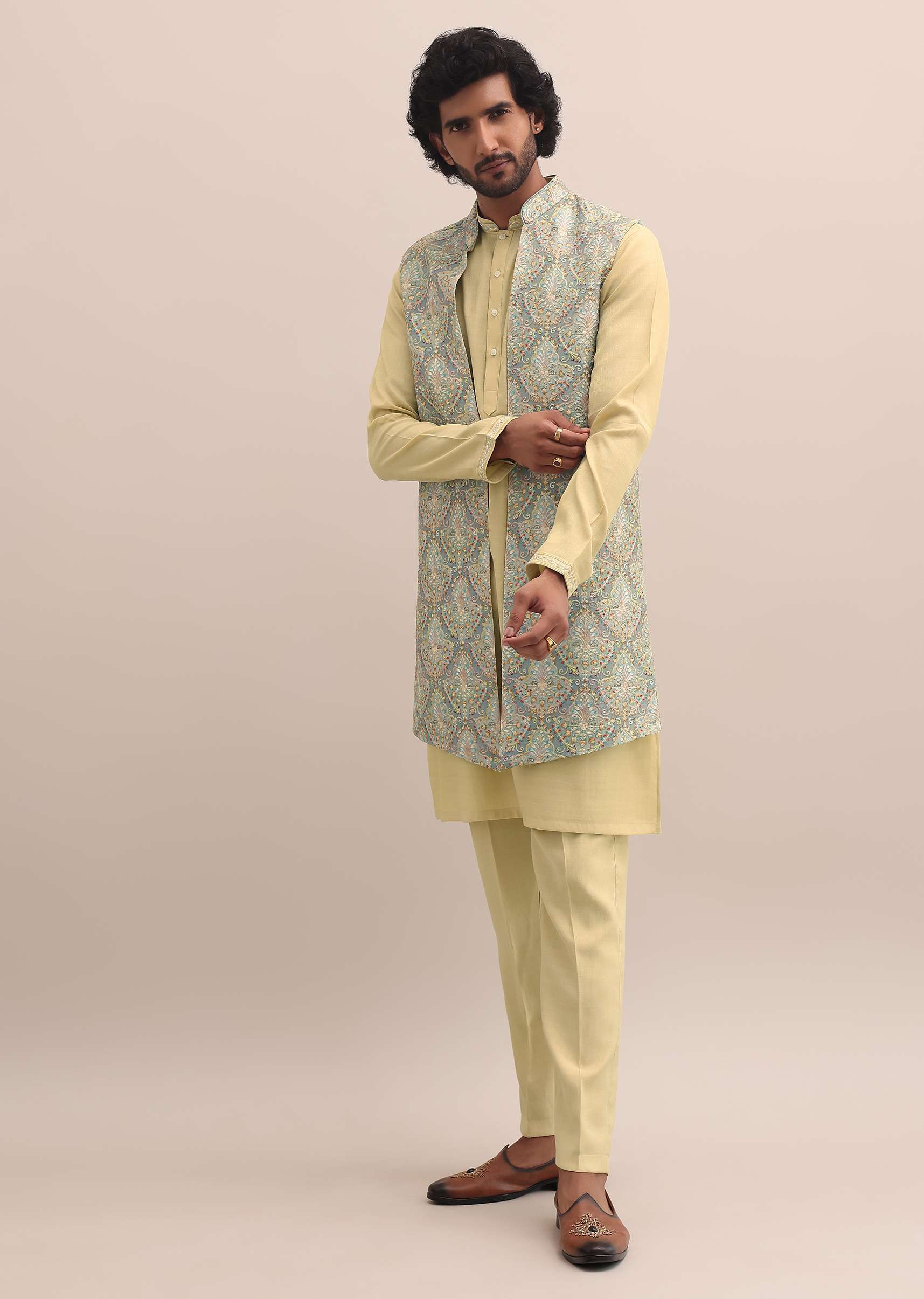 Green Threadwork Kurta Jacket Set For Men - Image 2
