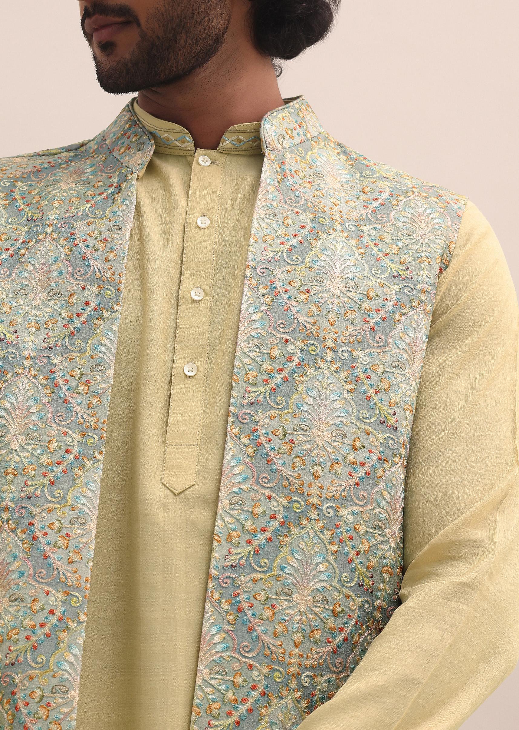 Green Threadwork Kurta Jacket Set For Men - Image 3