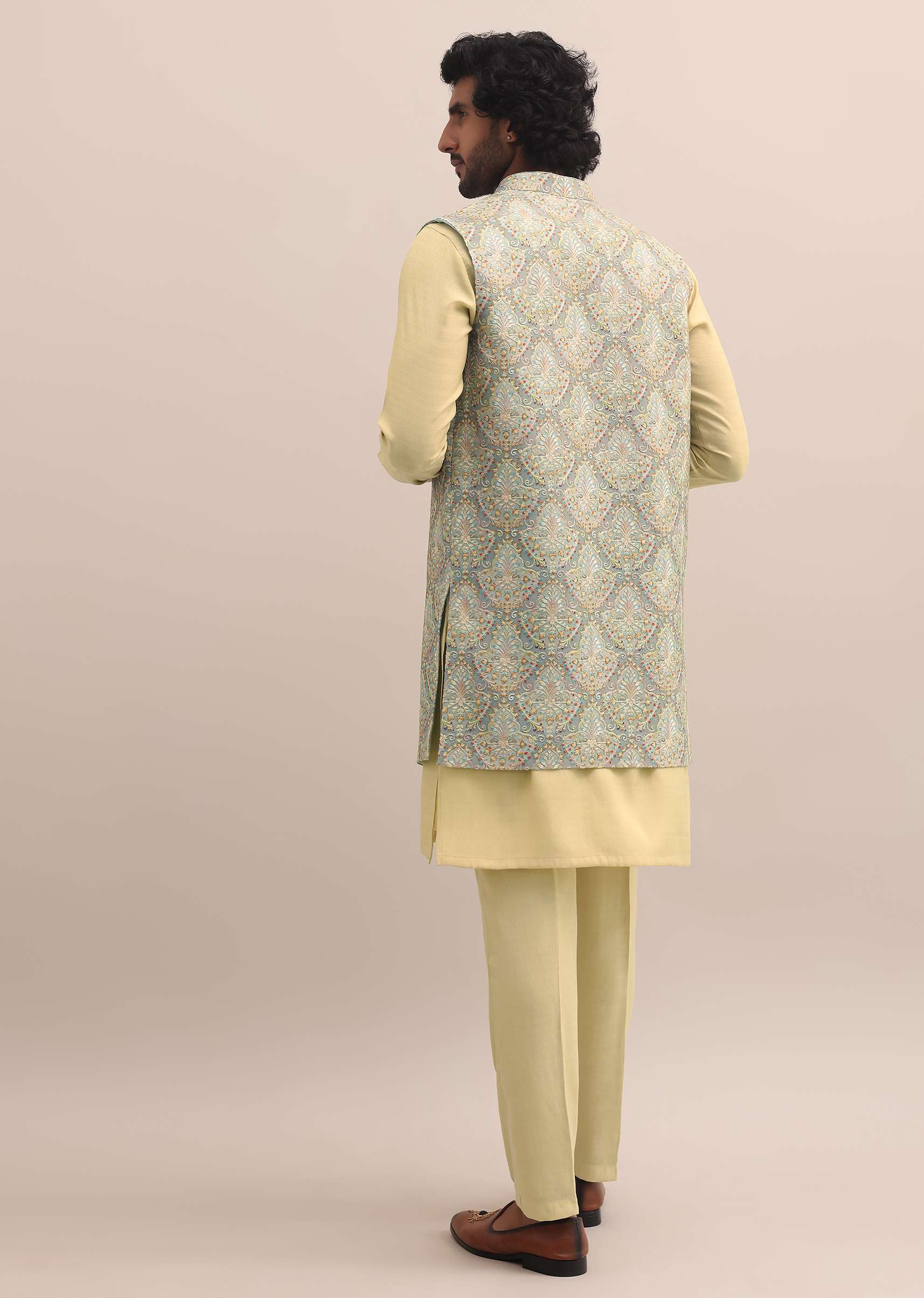 Green Threadwork Kurta Jacket Set For Men - Image 4