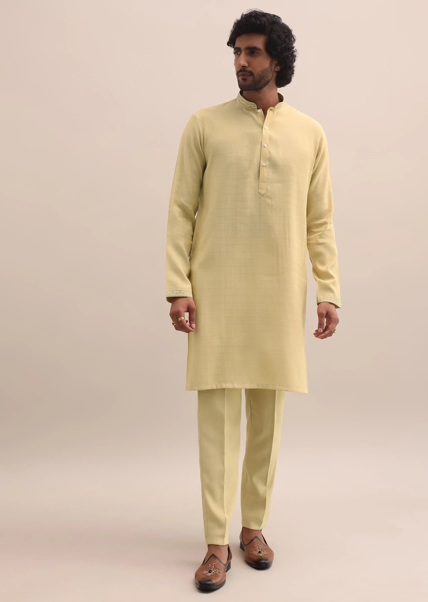 Green Threadwork Kurta Jacket Set For Men - Image 5