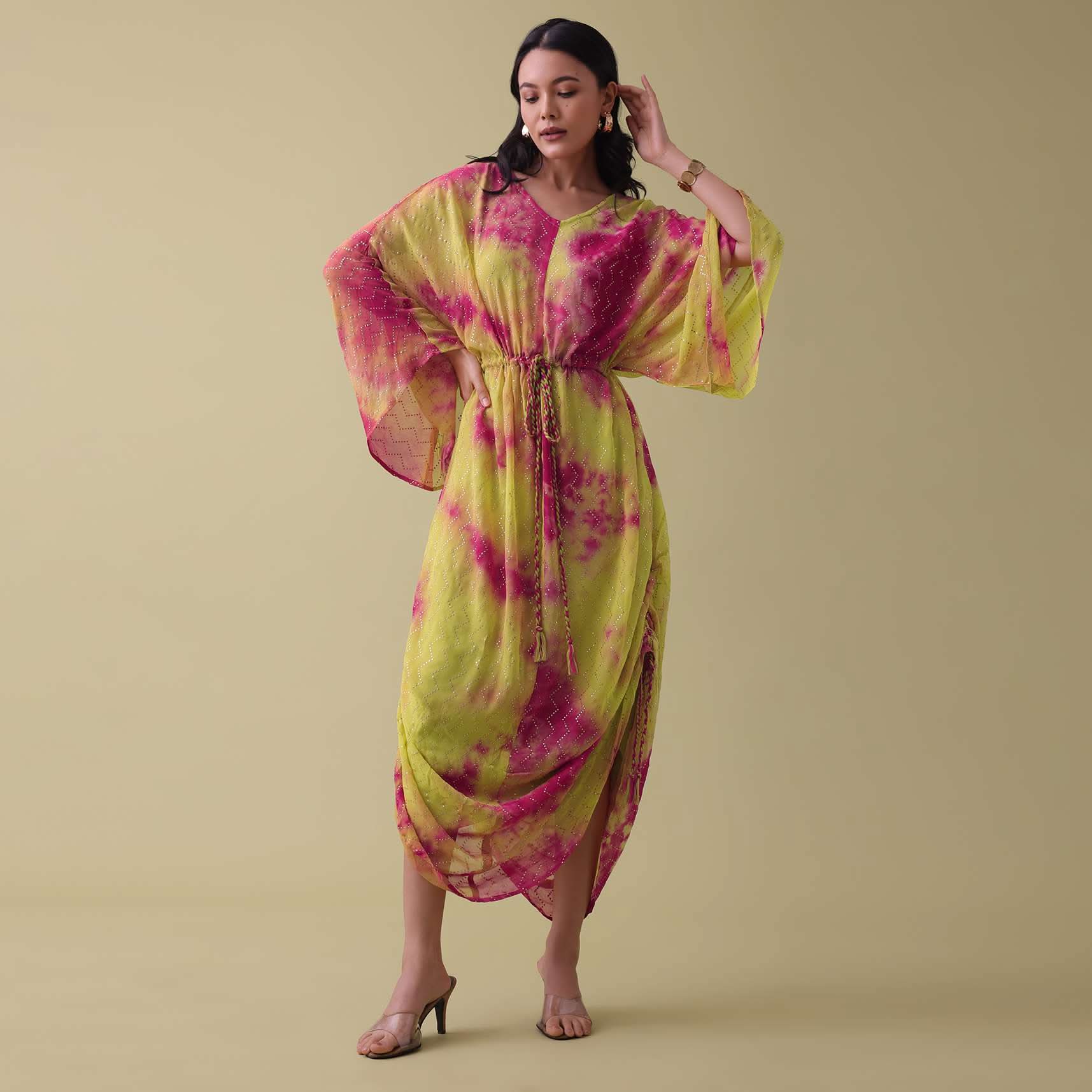 Green Tie Dye Kurti In Georgette With Badla Work - Image 2