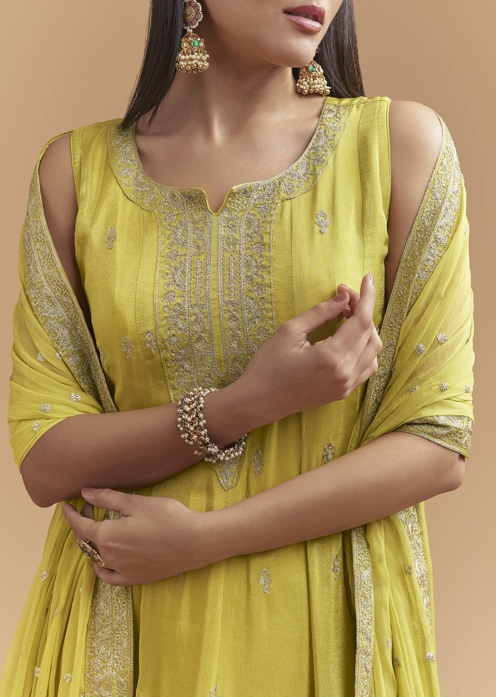Green Tissue Anarkali Suit With Intricate Zari Work - Image 2