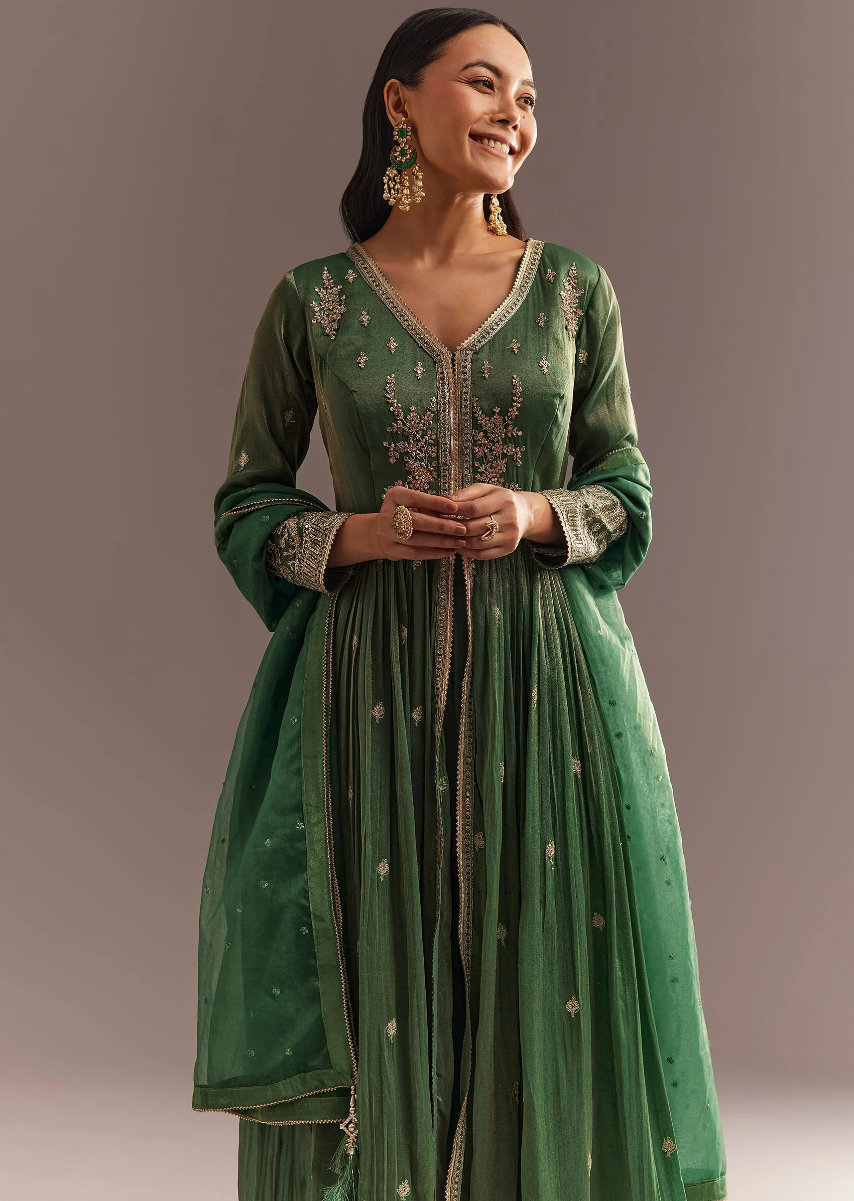 Green Tissue Embroidered Anarkali Pant With Organza Dupatta - Image 3