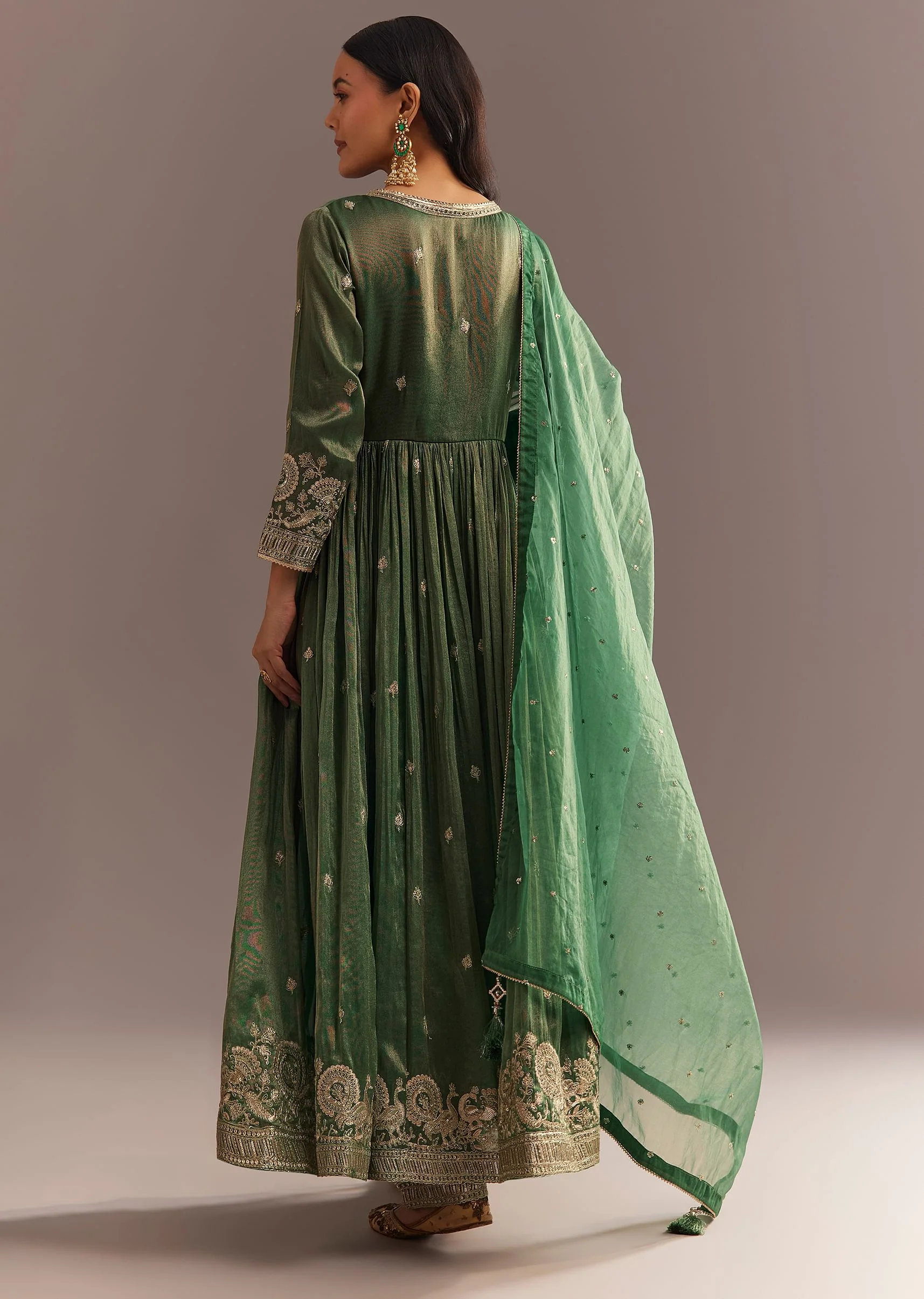 Green Tissue Embroidered Anarkali Pant With Organza Dupatta - Image 4