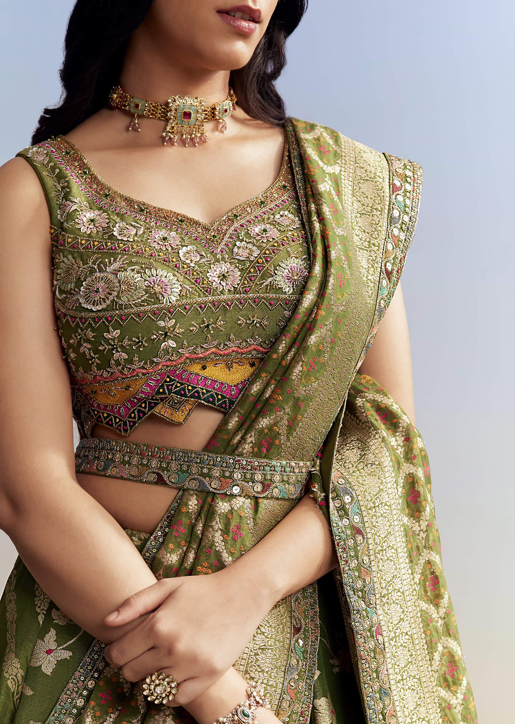 Green Tissue Embroidered Bridesmaid Lehenga - Image 2