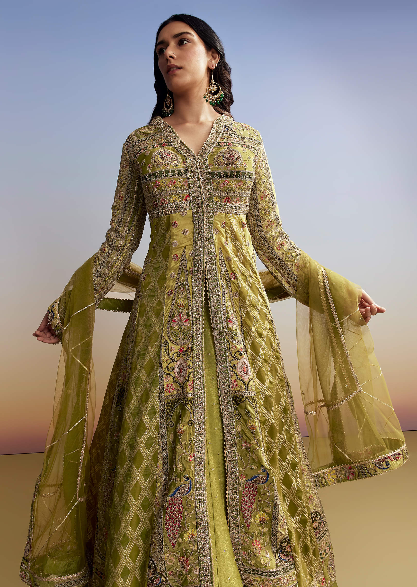 Green Tissue Kurta Lehenga Set - Image 4