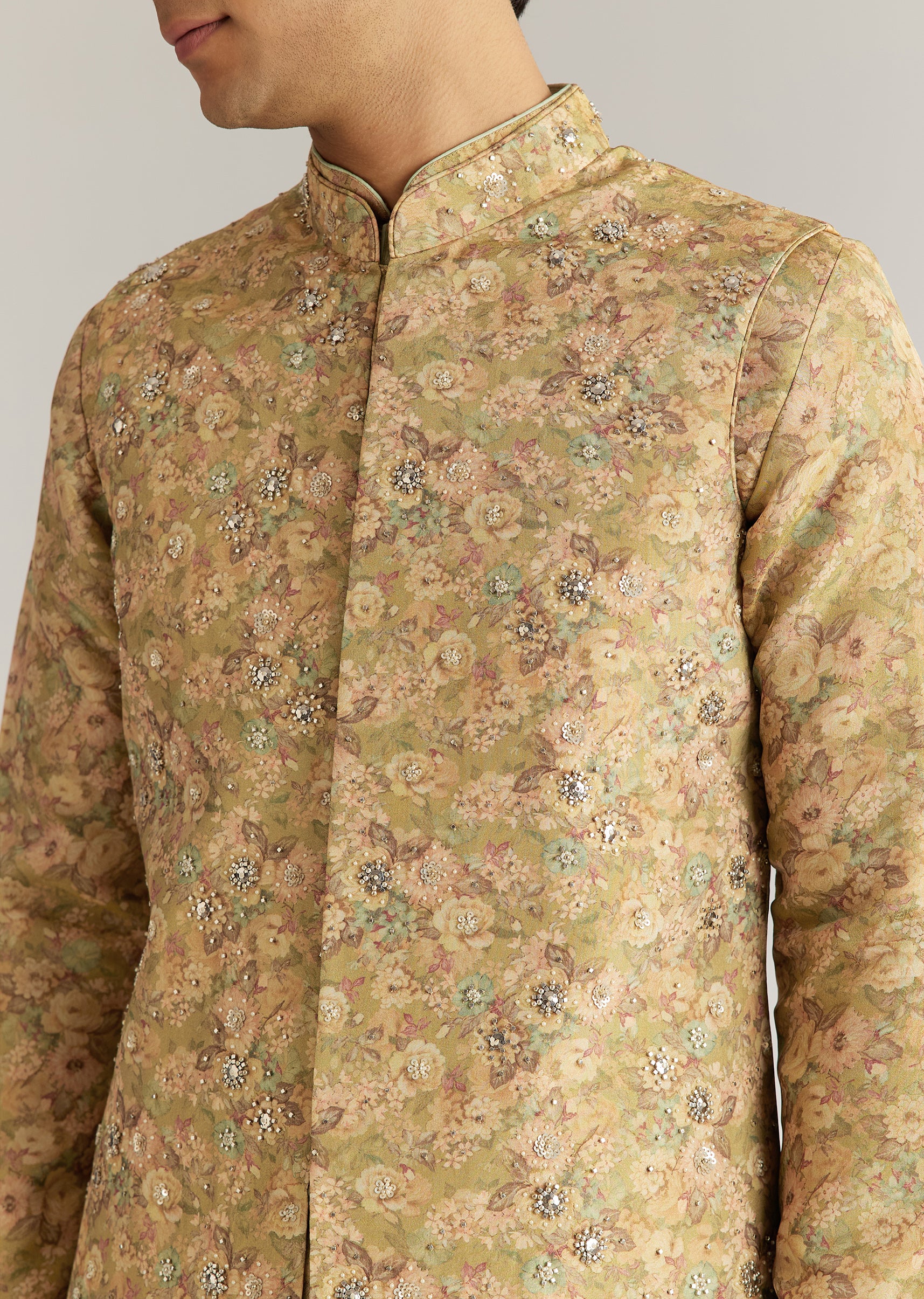 Green Tissue Stone Sequins Kurta Jacket Set - Image 3
