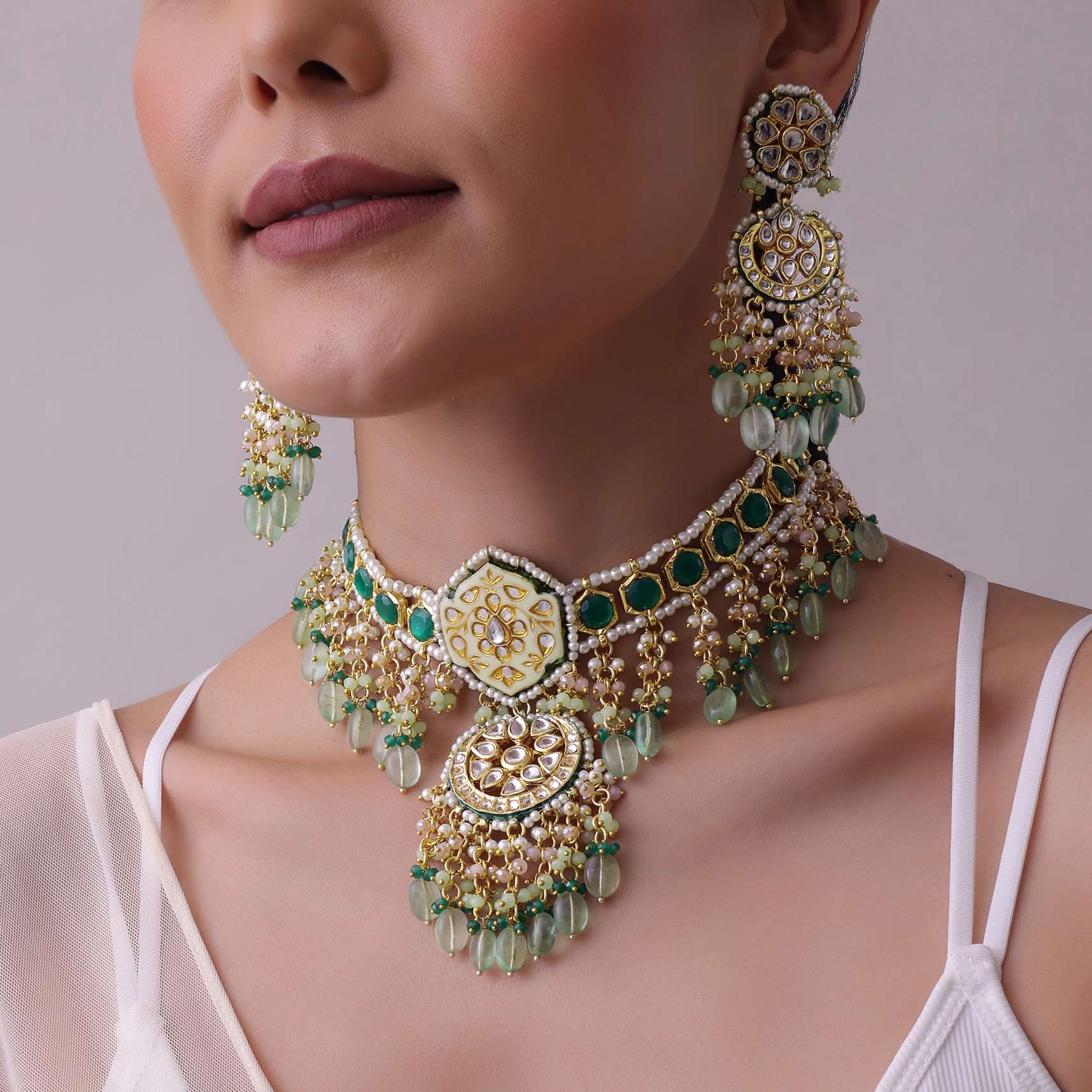 Green Toned Gold-Finish Kundan Choker Necklace Set With Colourful Meenakari Work In Mix Metal - Image 2