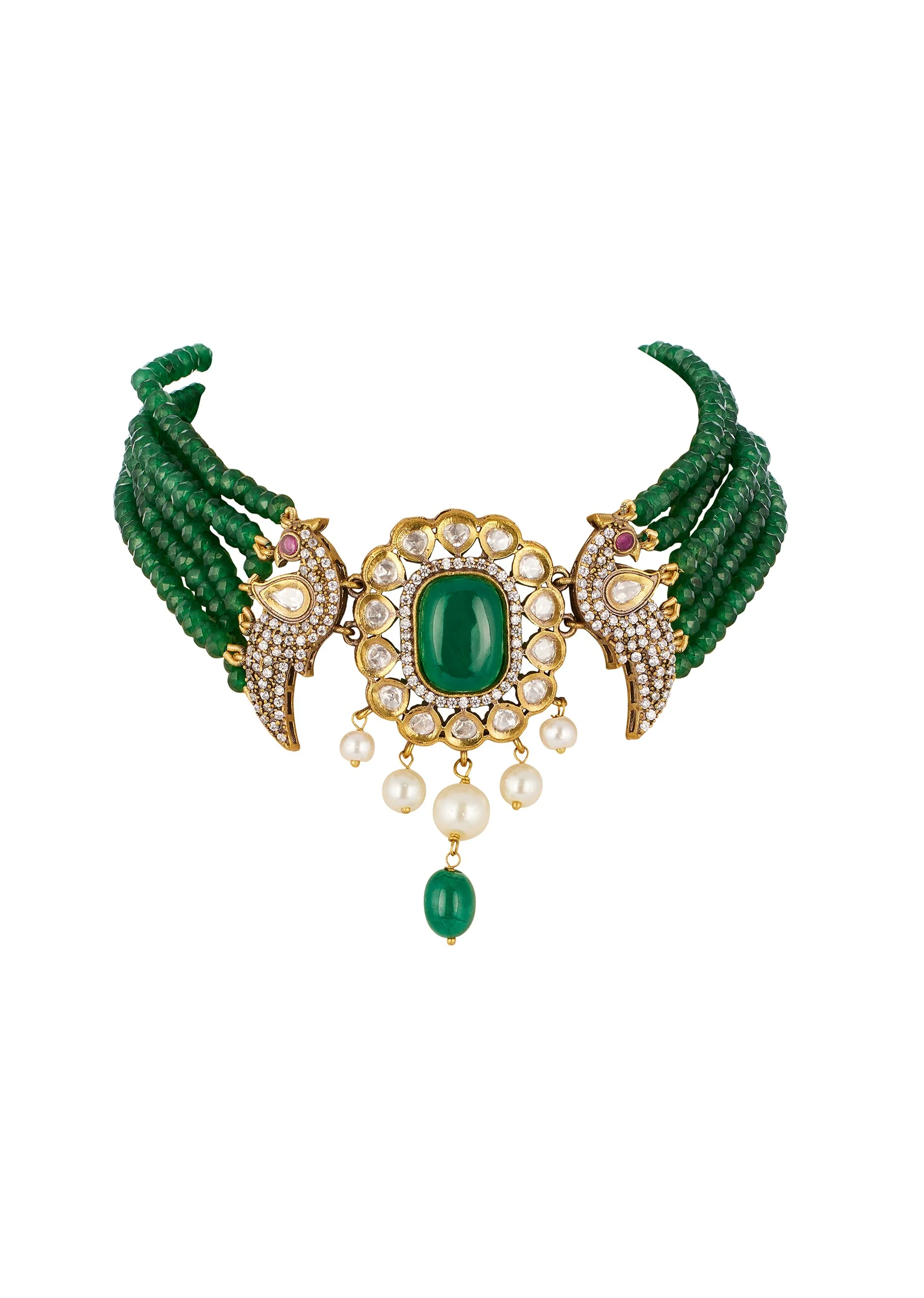 Green Traditional Kundan Polki Necklace Set with Faux Beads and Stones - Image 2