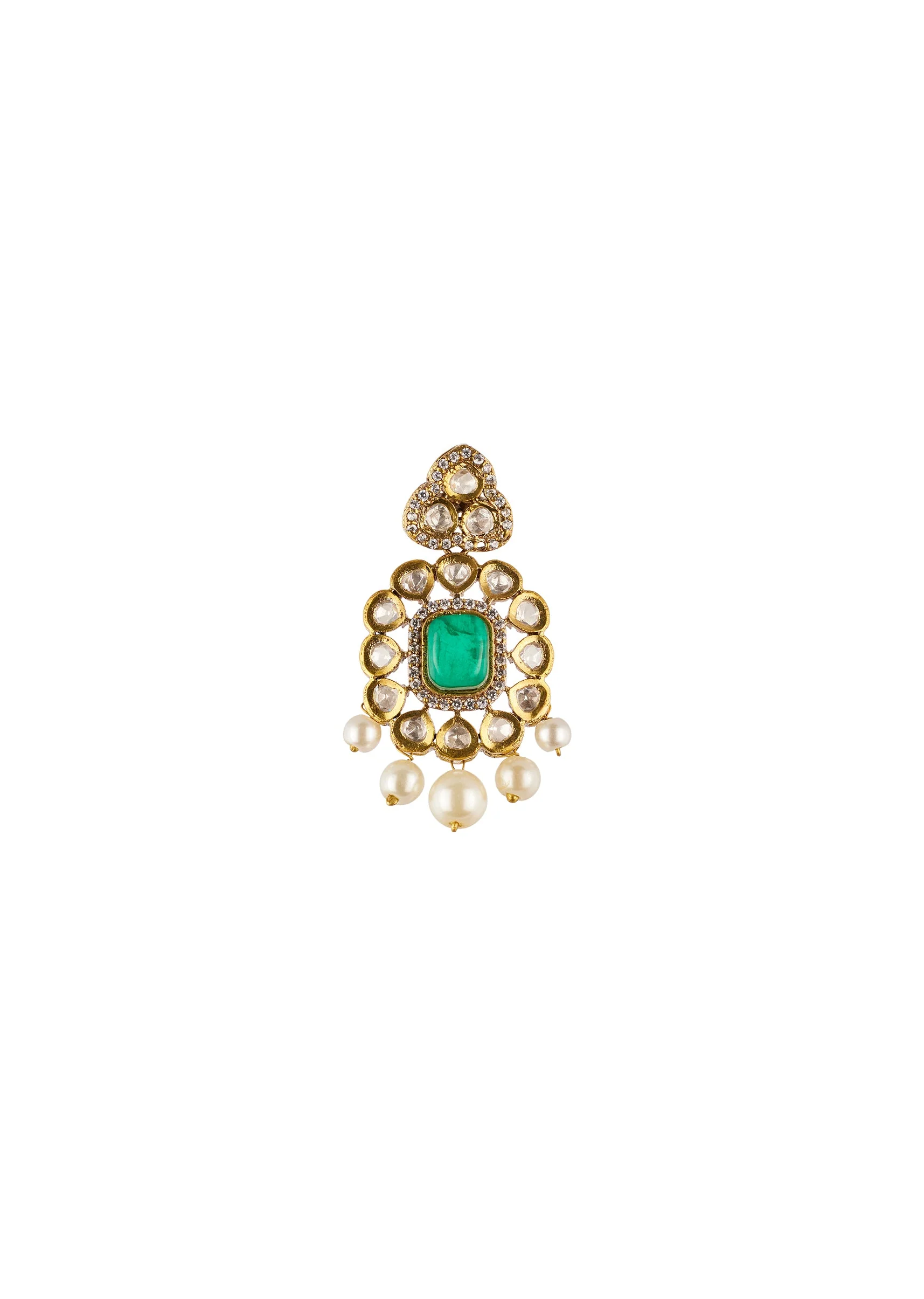 Green Traditional Kundan Polki Necklace Set with Faux Beads and Stones - Image 4