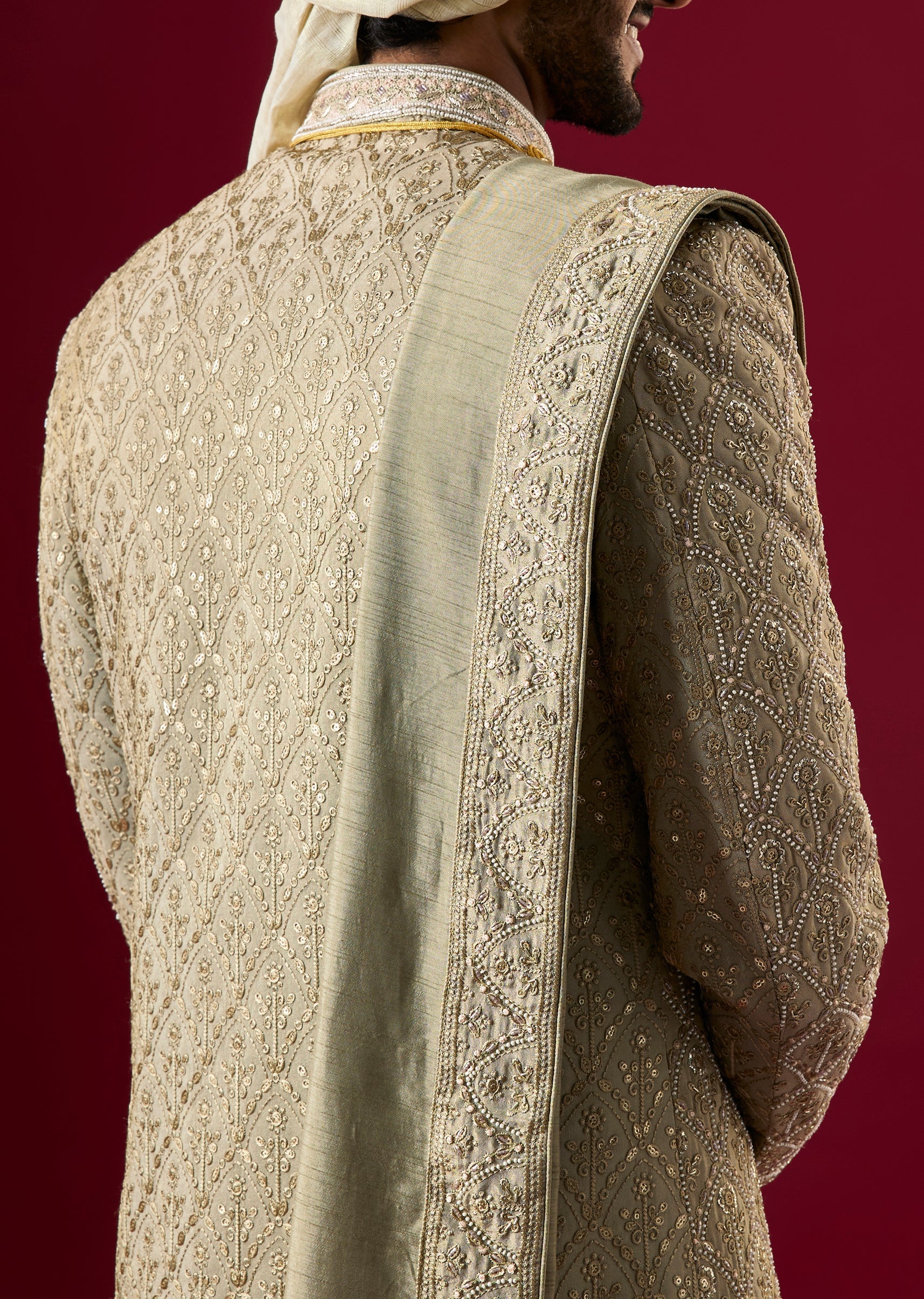 Green Tussar Sherwani Set With Zardosi Work - Image 4