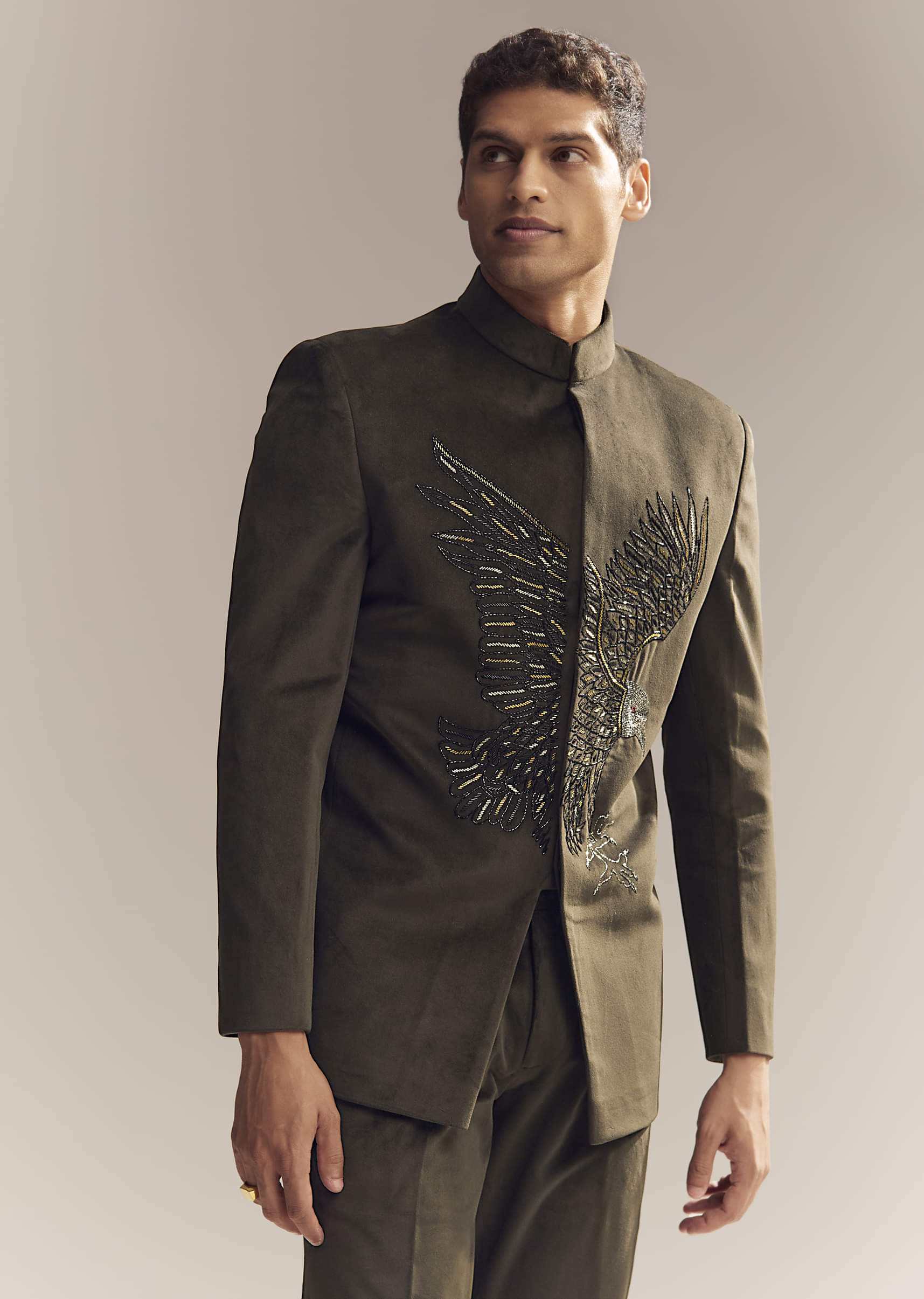 Green Velvet Jodhpuri Suit For Men With Cutdana And Moti Embroidery - Image 4