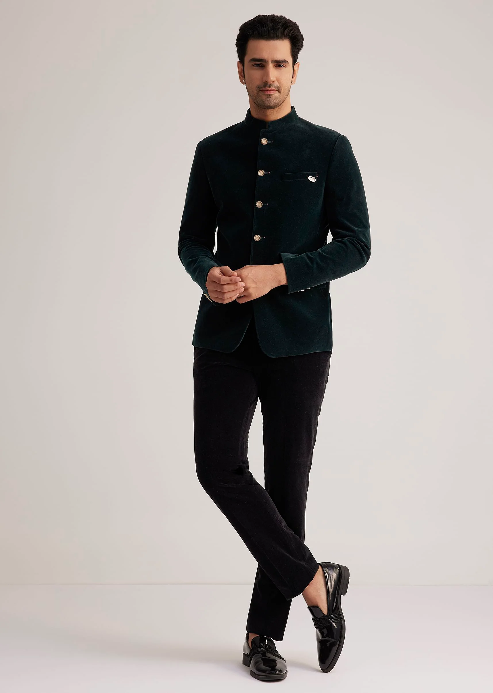 Green Velvet Jodhpuri Suit With Pocket Square - Image 4