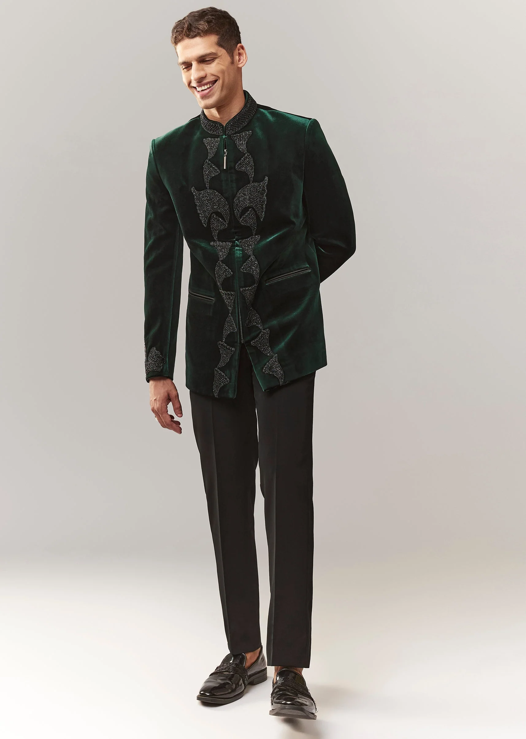 Green Velvet Jodhpuri With Cutdana Work