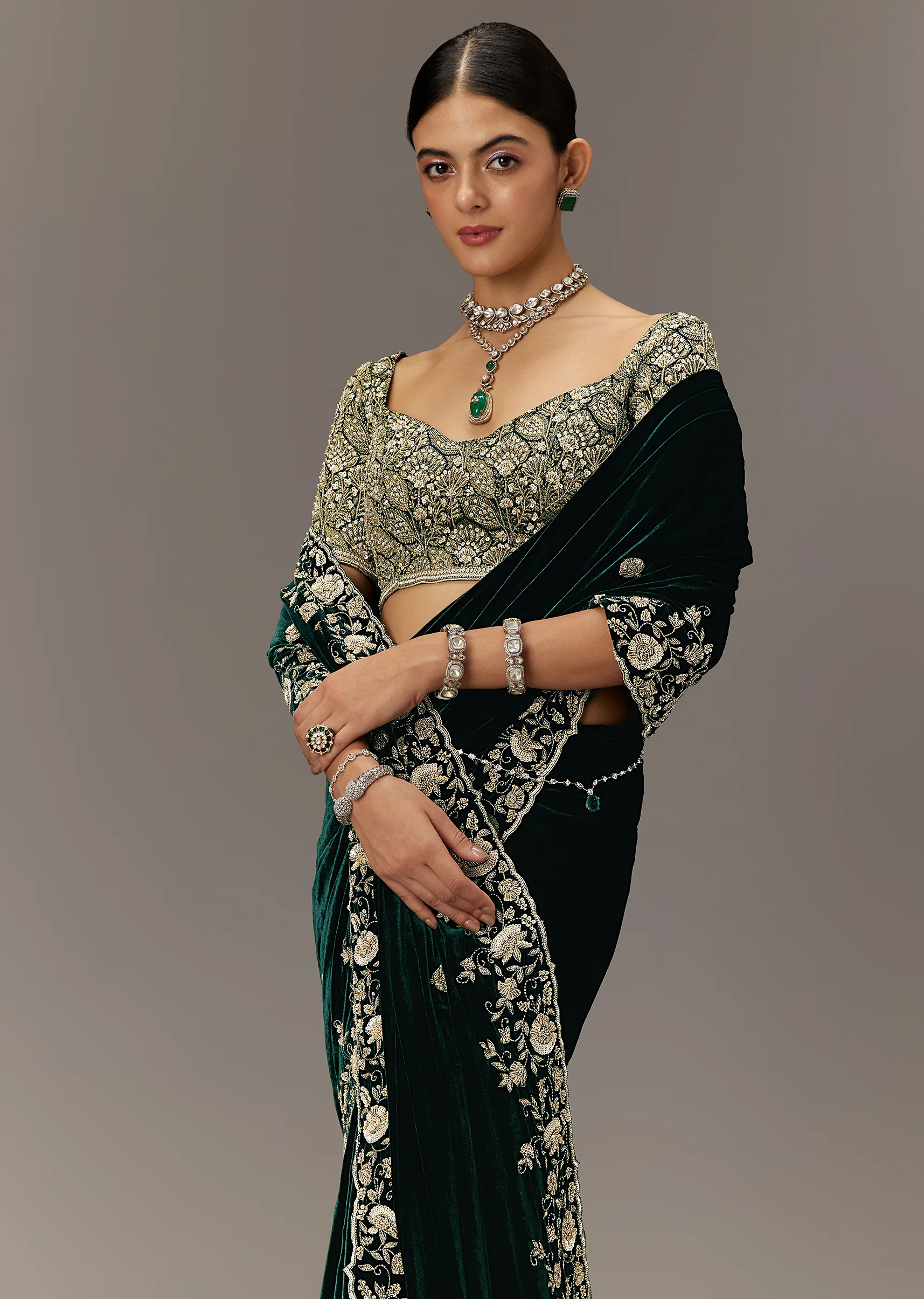 Green Velvet Saree With Brocade Embroidered Blouse