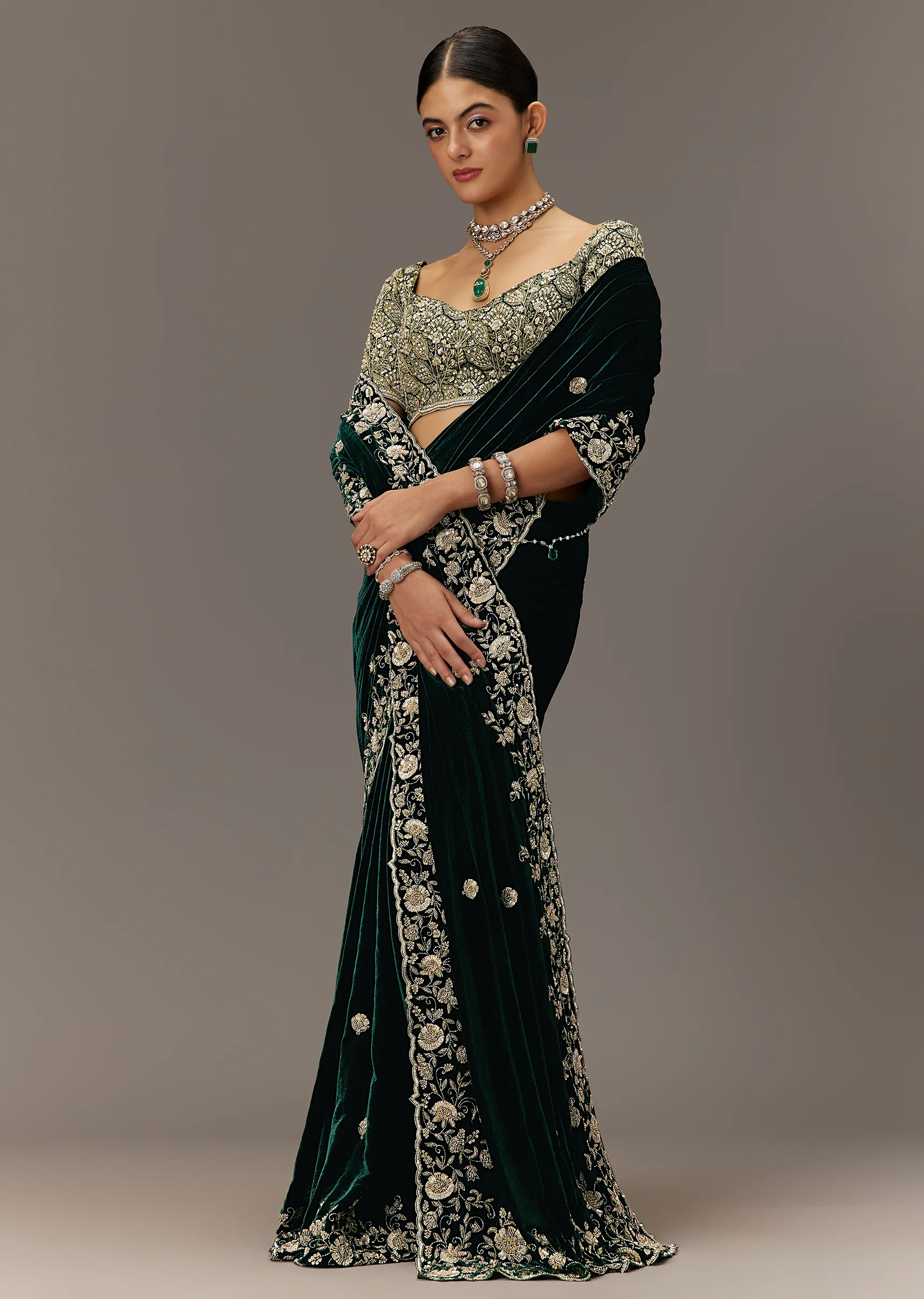 Green Velvet Saree With Brocade Embroidered Blouse - Image 2