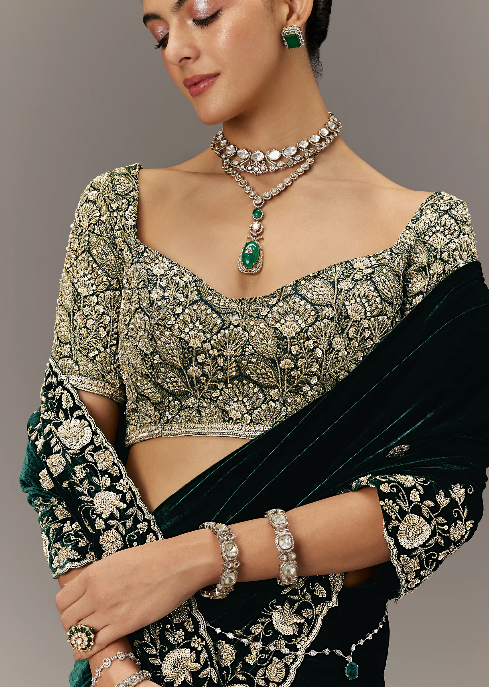 Green Velvet Saree With Brocade Embroidered Blouse - Image 3