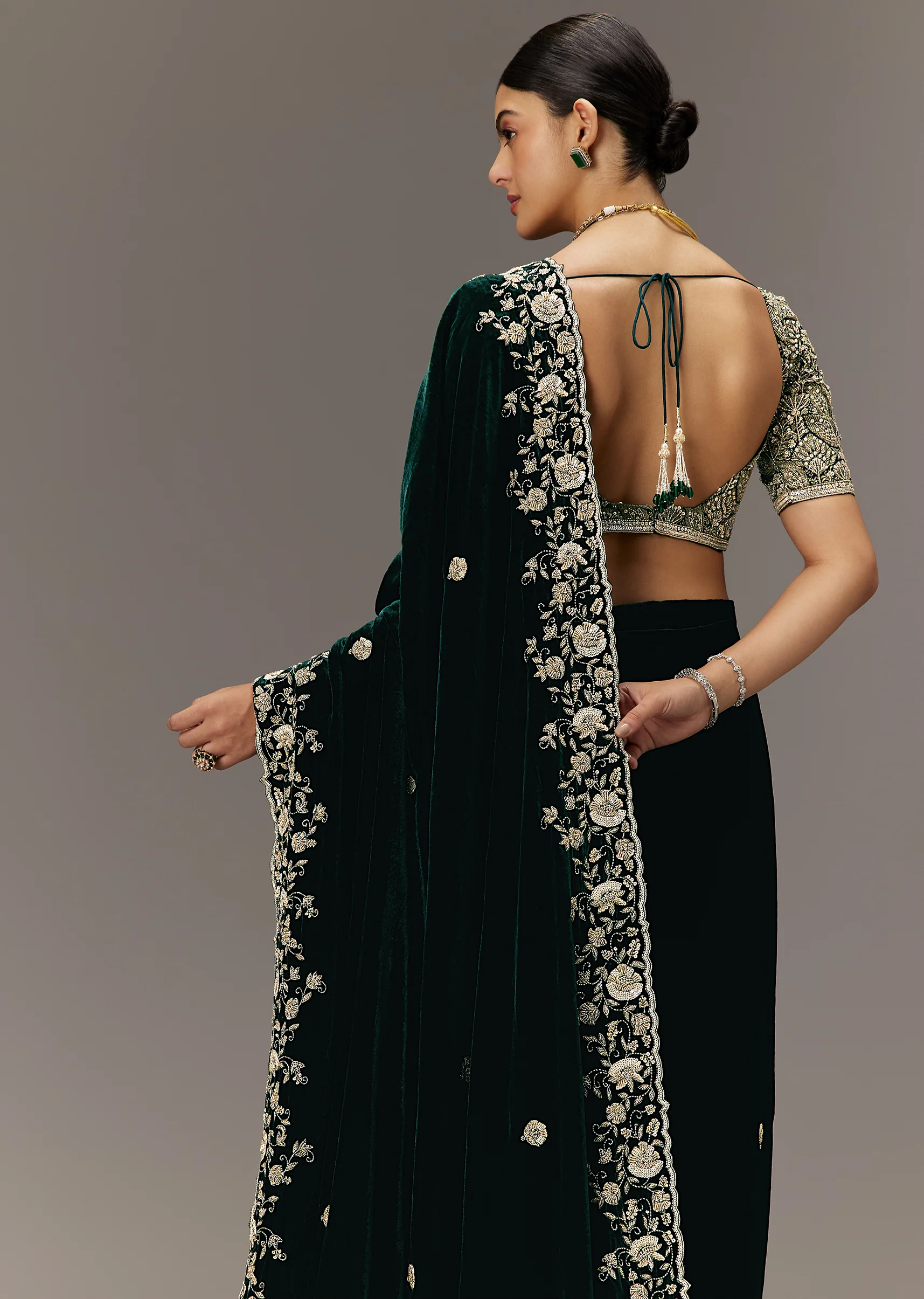 Green Velvet Saree With Brocade Embroidered Blouse - Image 4