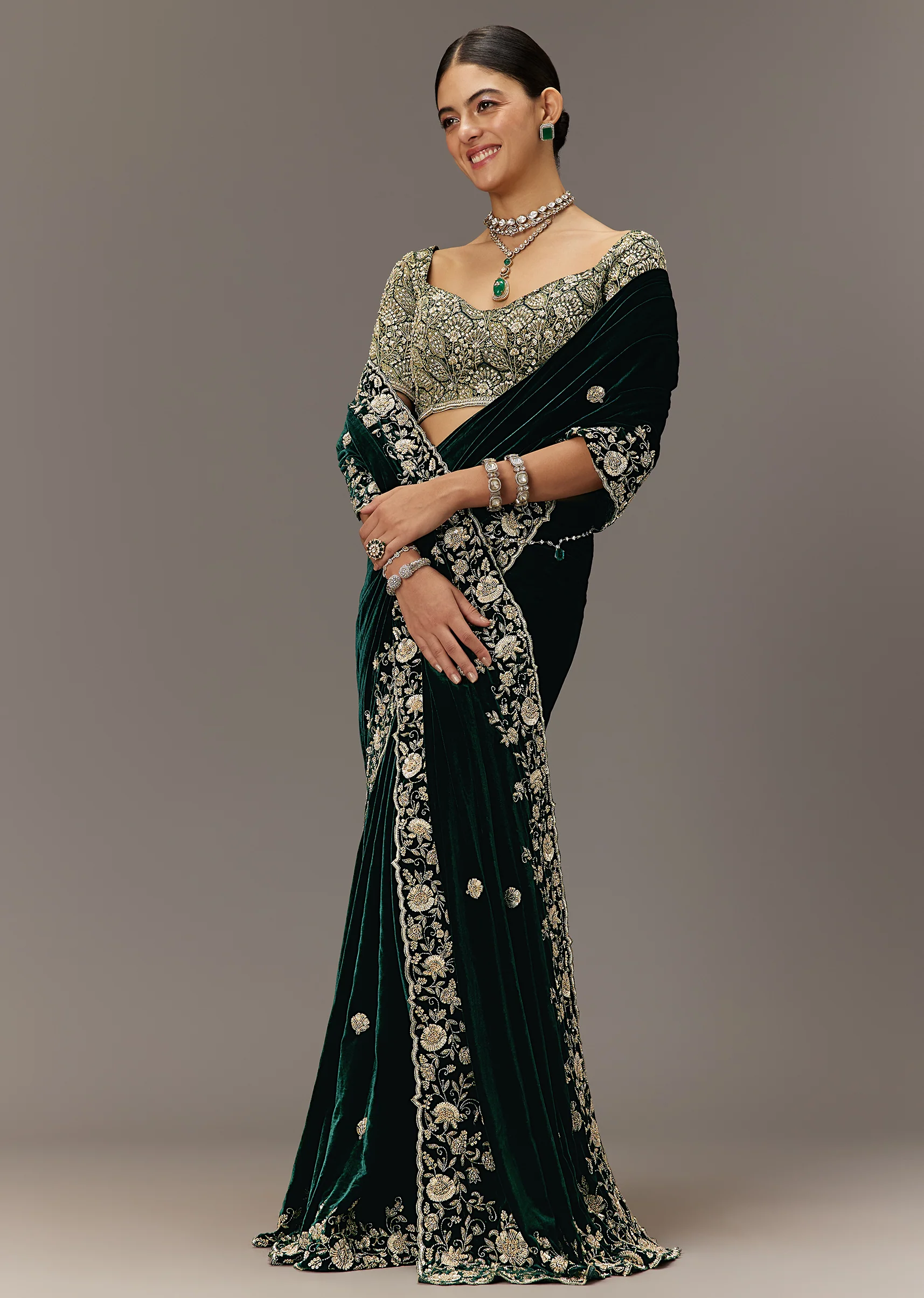 Green Velvet Saree With Brocade Embroidered Blouse - Image 5