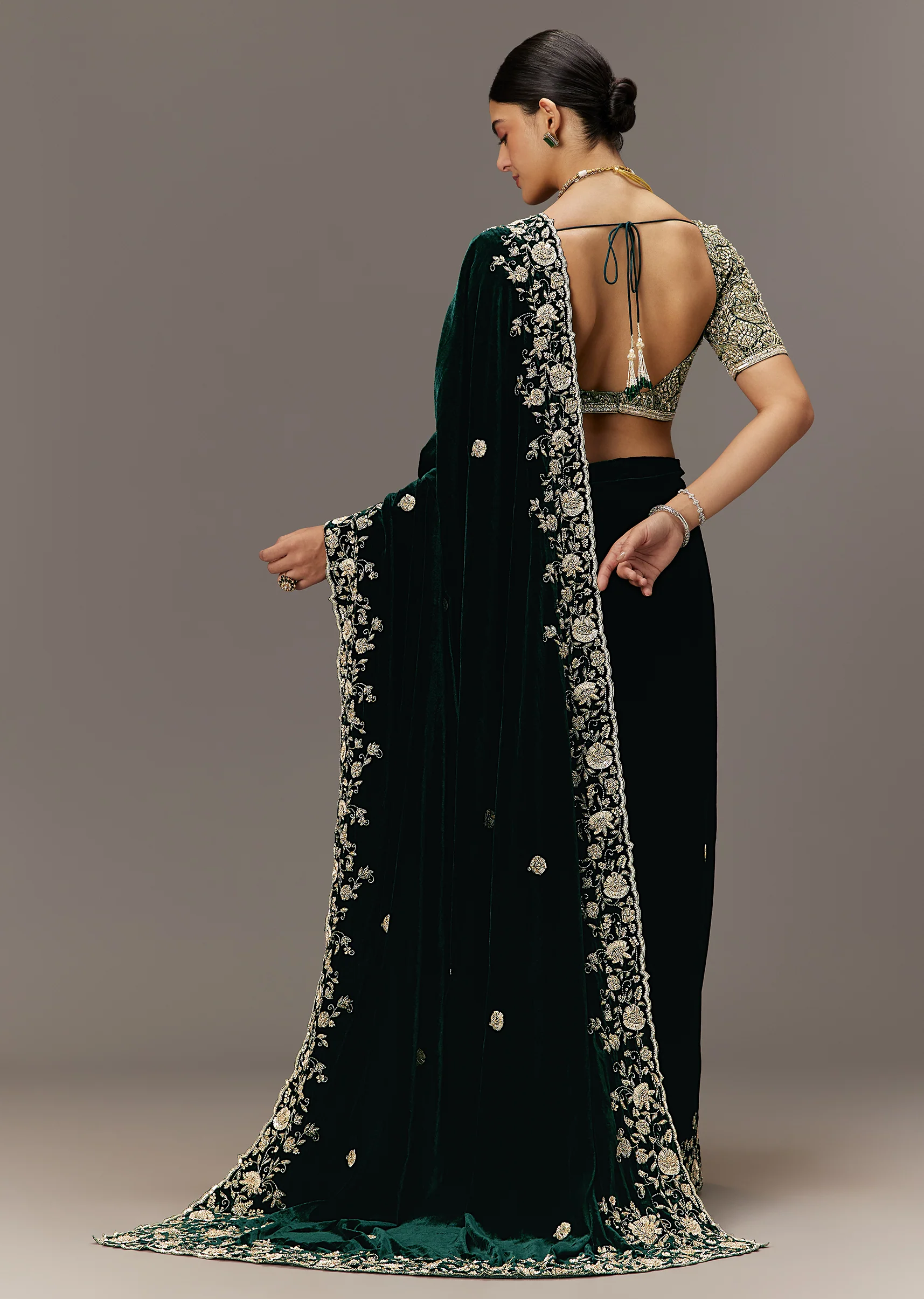 Green Velvet Saree With Brocade Embroidered Blouse - Image 6