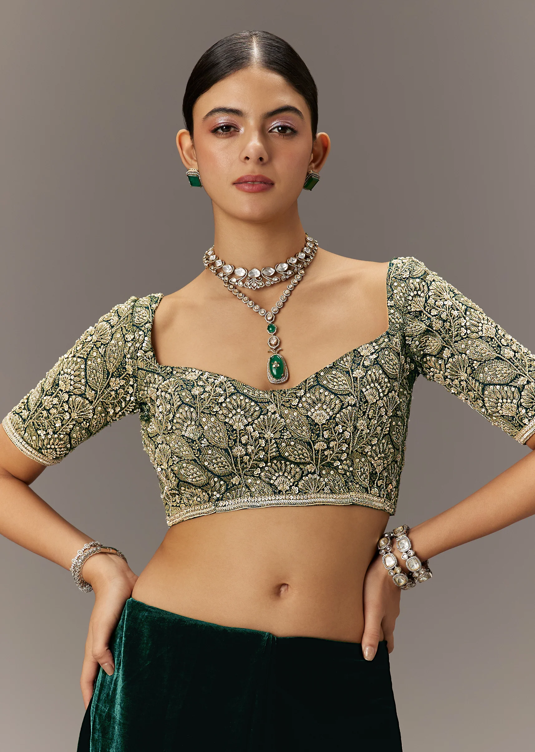Green Velvet Saree With Brocade Embroidered Blouse - Image 7