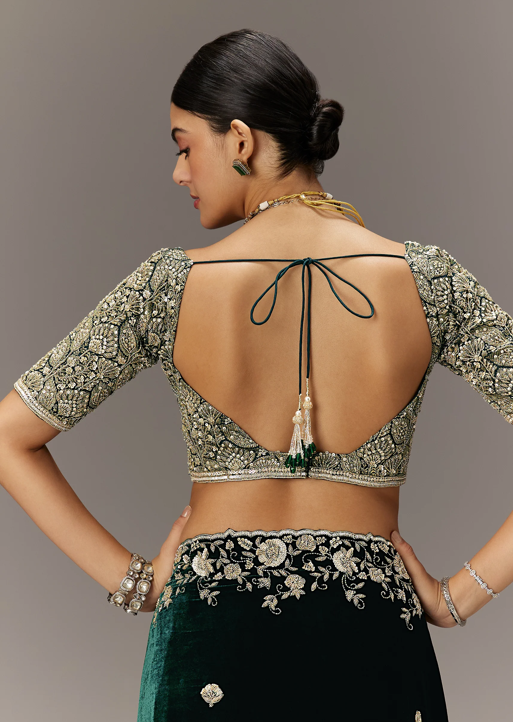 Green Velvet Saree With Brocade Embroidered Blouse - Image 8