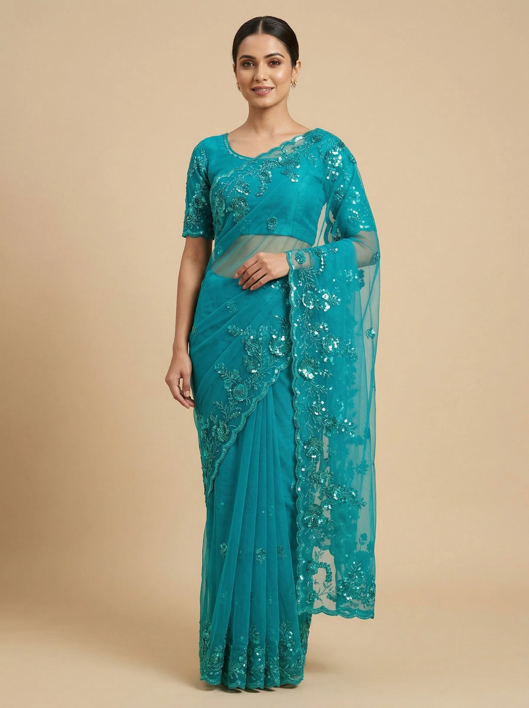 Green Vivid-Toned Embroidered Saree