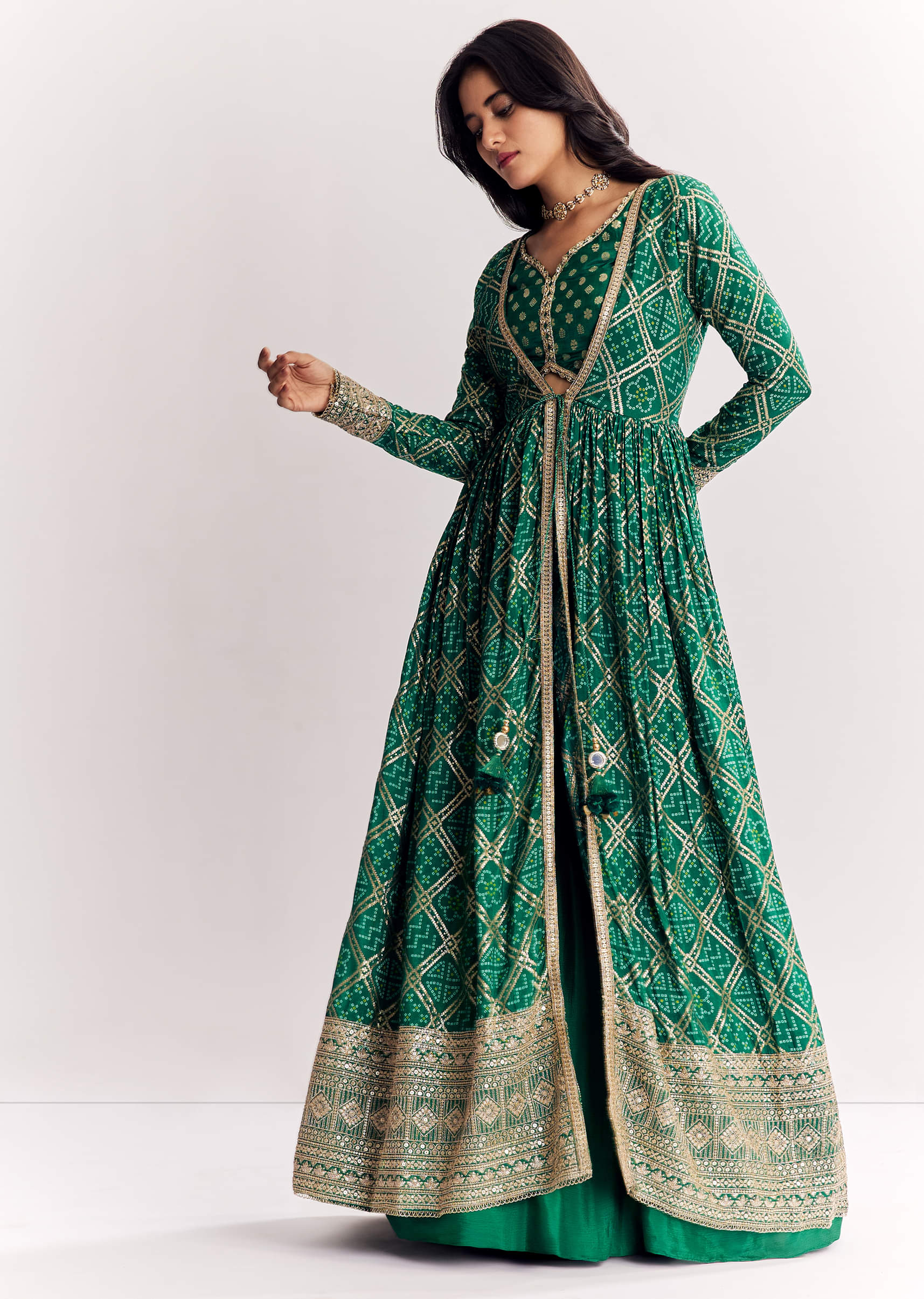 Green Weave Silk Indowestern Skirt Set With Bandhani Print Zari Work Jacket - Image 4