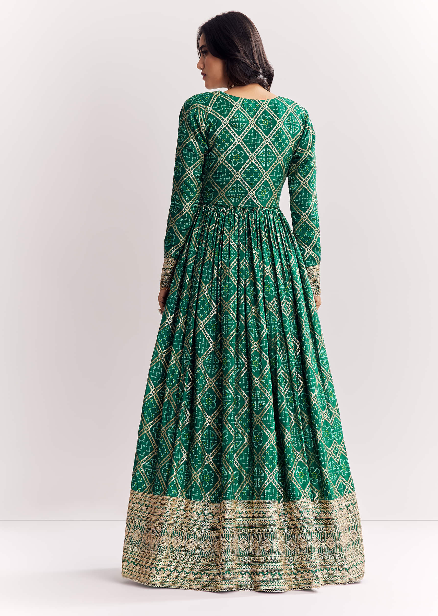 Green Weave Silk Indowestern Skirt Set With Bandhani Print Zari Work Jacket - Image 5