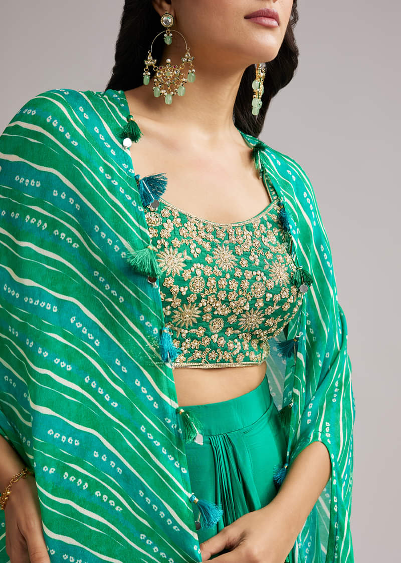 Green Zardosi Cape Set With Crop Top And Skirt - Image 2