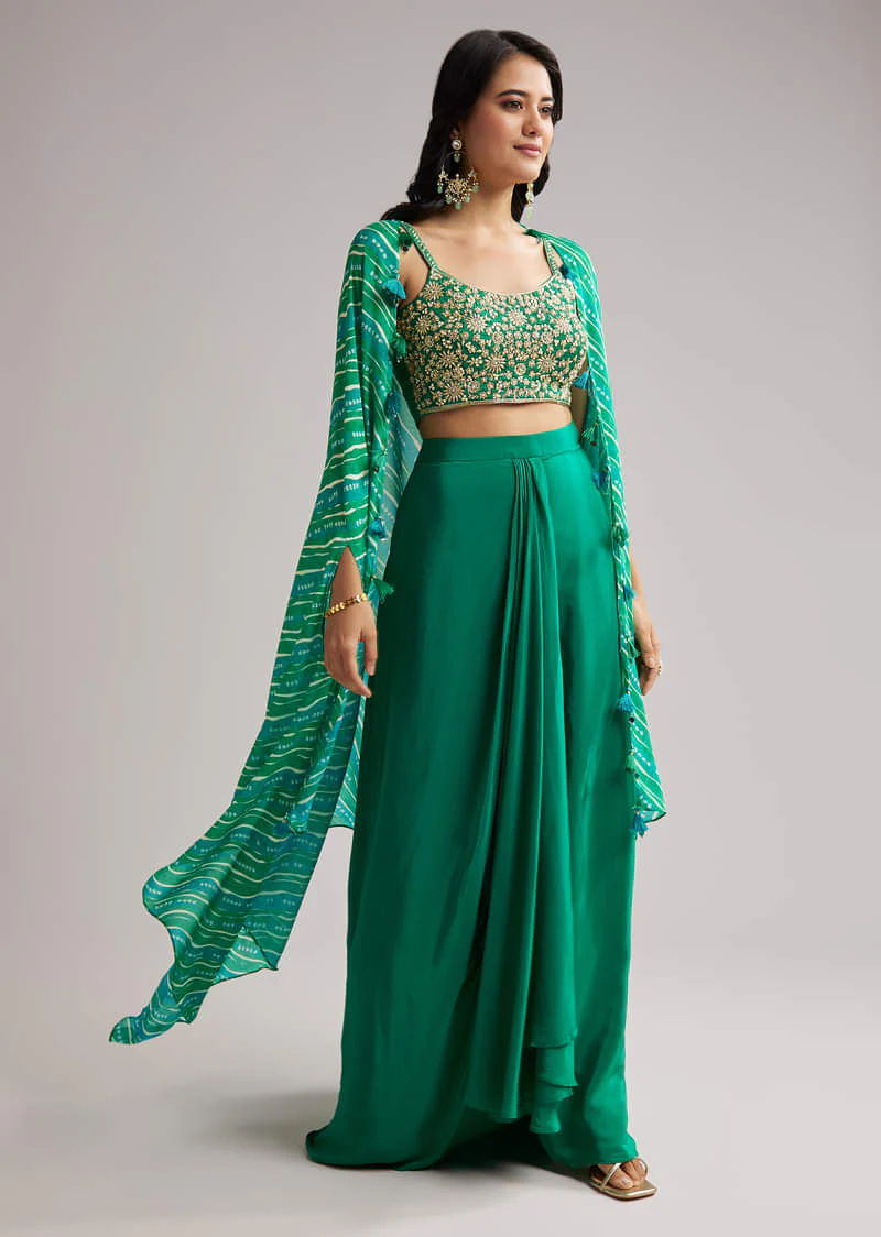 Green Zardosi Cape Set With Crop Top And Skirt - Image 4