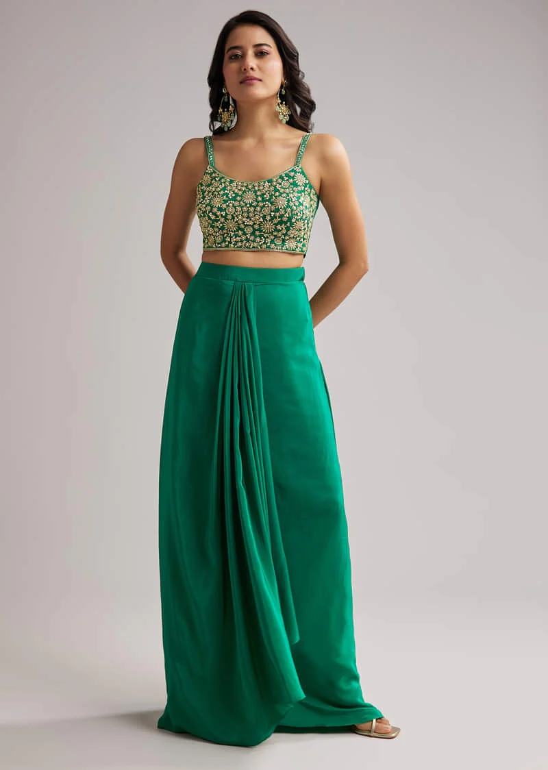 Green Zardosi Cape Set With Crop Top And Skirt - Image 5