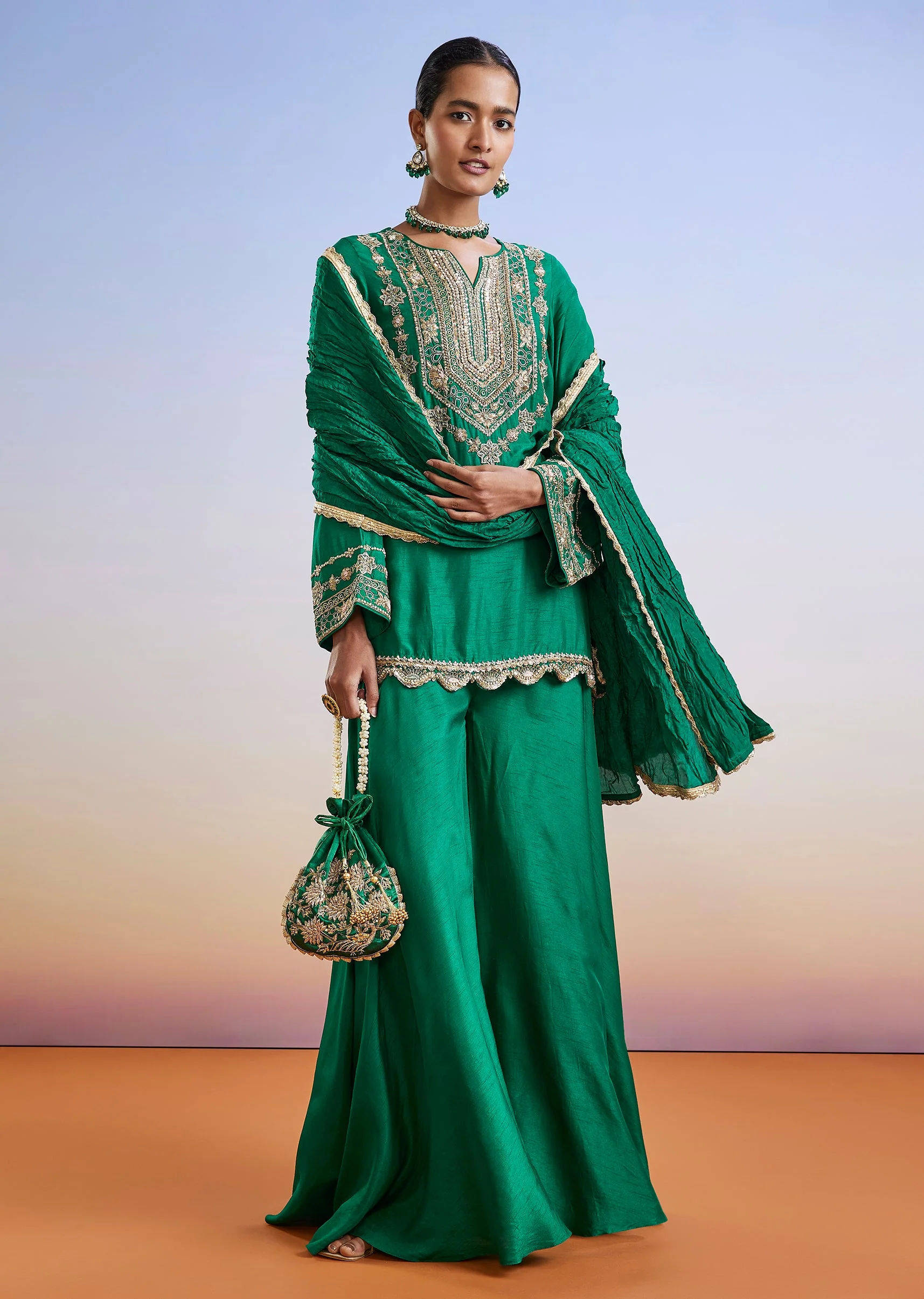 Green Zardosi Embroidered Straight Kurta Palazzo Suit With Dupatta - Image 3