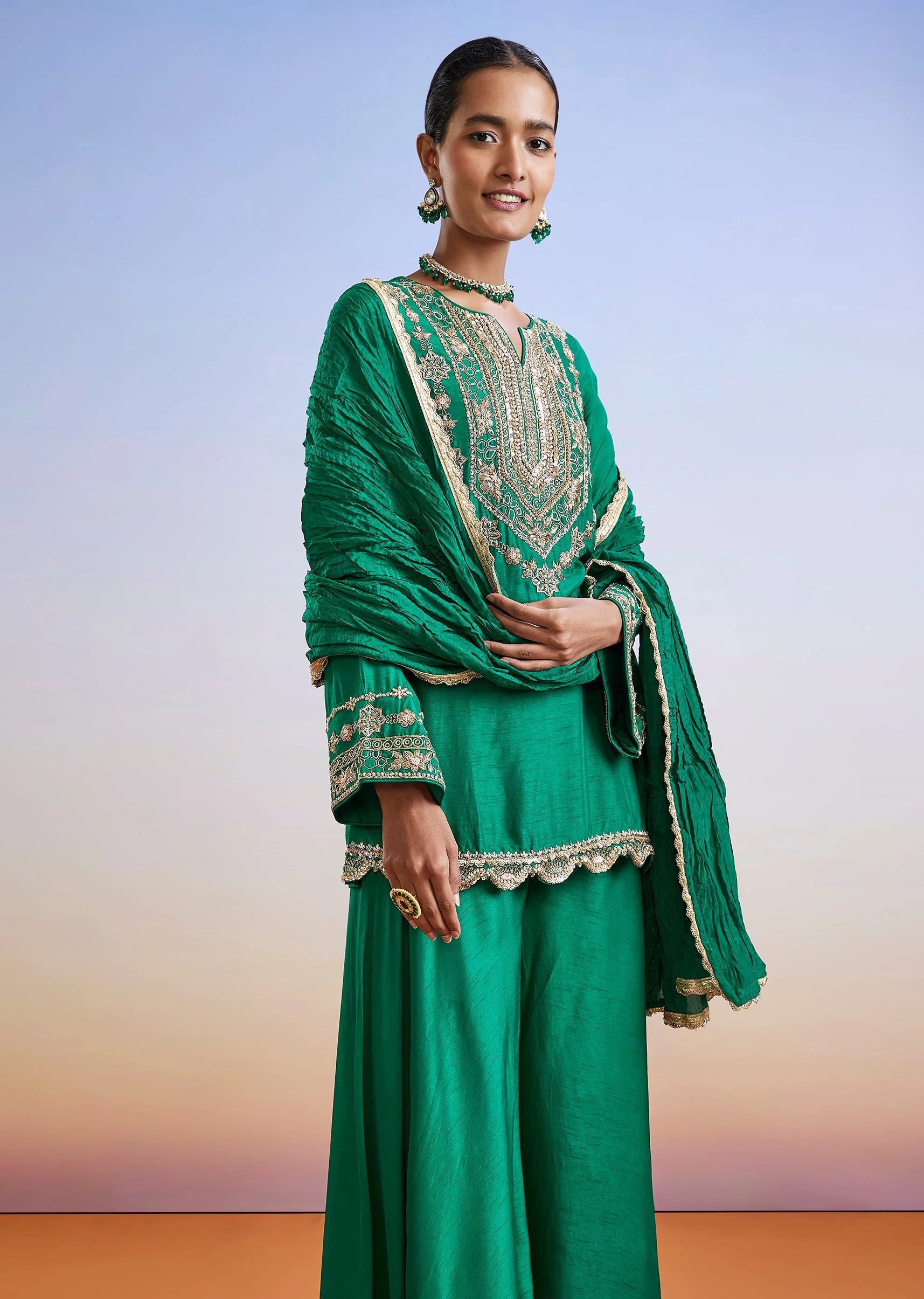 Green Zardosi Embroidered Straight Kurta Palazzo Suit With Dupatta - Image 4